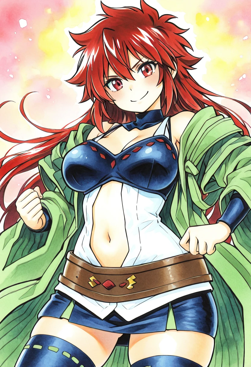 masterpiece, best quality, solo, curvy, beautiful eyes, narrow waist, wide hips, 1girl, solo, smile, looking at viewer, aged up, large breasts, zzHiita, red eyes, red hair, long hair, white shirt, open clothes, spaghetti strap, navel, thighhighs, wide sleeves, black skirt, belt, <lora:HiitaYugioh_IXL:1.0>, , solo, looking at viewer, traditional media, watercolor (medium),