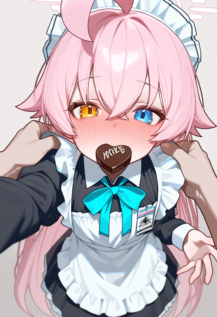 valentine,
hoshino \(blue archive\),
maid apron,(reaching towards viewer:1.1),
eating chocolate, mouth hold,
full-face blush, embarrassed,
pov,imminent kiss,
holding shoulders,artist:ningen_mame,