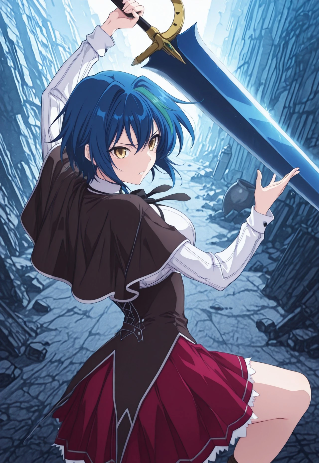 masterpiece, very aesthetic, absurdres, sinfully stylish, dramatic lighting, soft light, long shadows, detailed, ultra-detailed, masterpiece, very aesthetic, absurdres, perfect quality, absolutely eye-catching, best quality, intricate details, high-res,anime, IllusP0s IllusN3g,1girl, solo, yellow eyes, blue hair, green streaked hair, multicolored hair, short hair, (Kuoh_Outfit), pleated skirt, capelet, black capelet, corset, black corset, white shirt, long sleeves, sword drawn, very large sword, holding sword, battle stance, destroyed city background, fighting, fierce look,