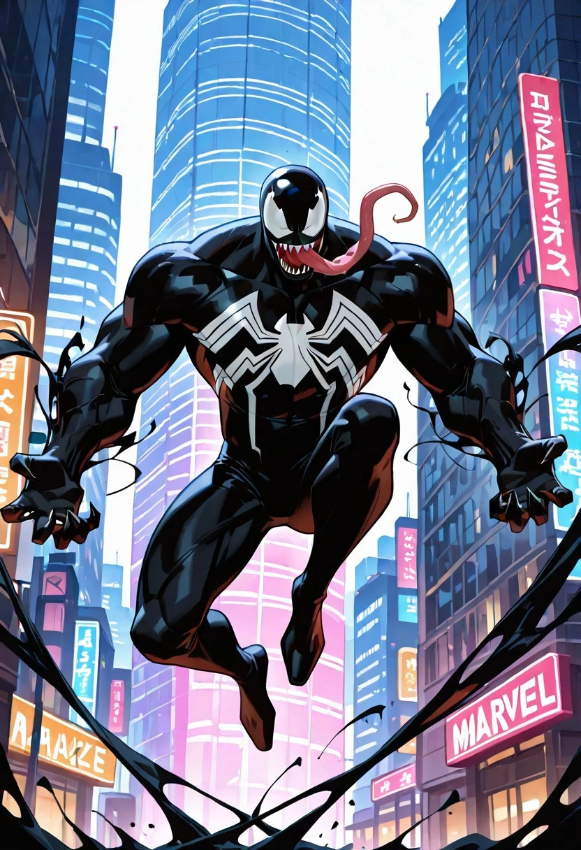 spectacular_venom/(marvel)/IL, , blacksuit, mouth, spiderprint, muscular, 1boy, solo, sharp teeth, monsterboy, long tongue, symbiote,
front view, superhero pose, jumping,
masterpiece, best quality, amazing quality, very aesthetic, highres, absurdres
night, city,
4k, best quality, highly detailed, lights details, high resolution, high quality, perfect quality, vivid color, vibrant, highly detailed,