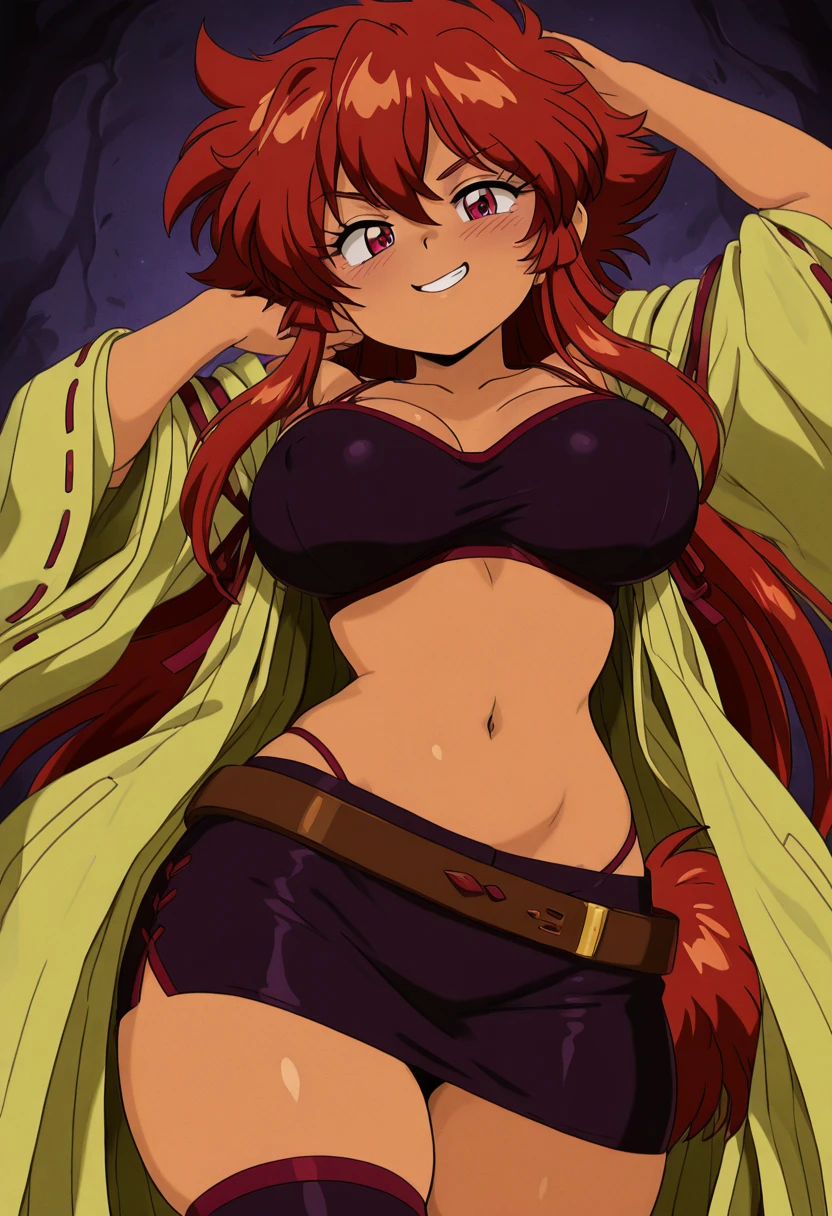 masterpiece, best quality, solo, curvy, beautiful eyes, narrow waist, wide hips, 1girl, solo, smile, looking at viewer, aged up, large breasts, zzHiita, red eyes, red hair, long hair, white shirt, open clothes, spaghetti strap, navel, thighhighs, wide sleeves, black skirt, belt, <lora:HiitaYugioh_IXL:1.0>, , smile, looking at viewer, cowboy shot, <lora:CuteRetroStyle_IXL_v1:1.2>,