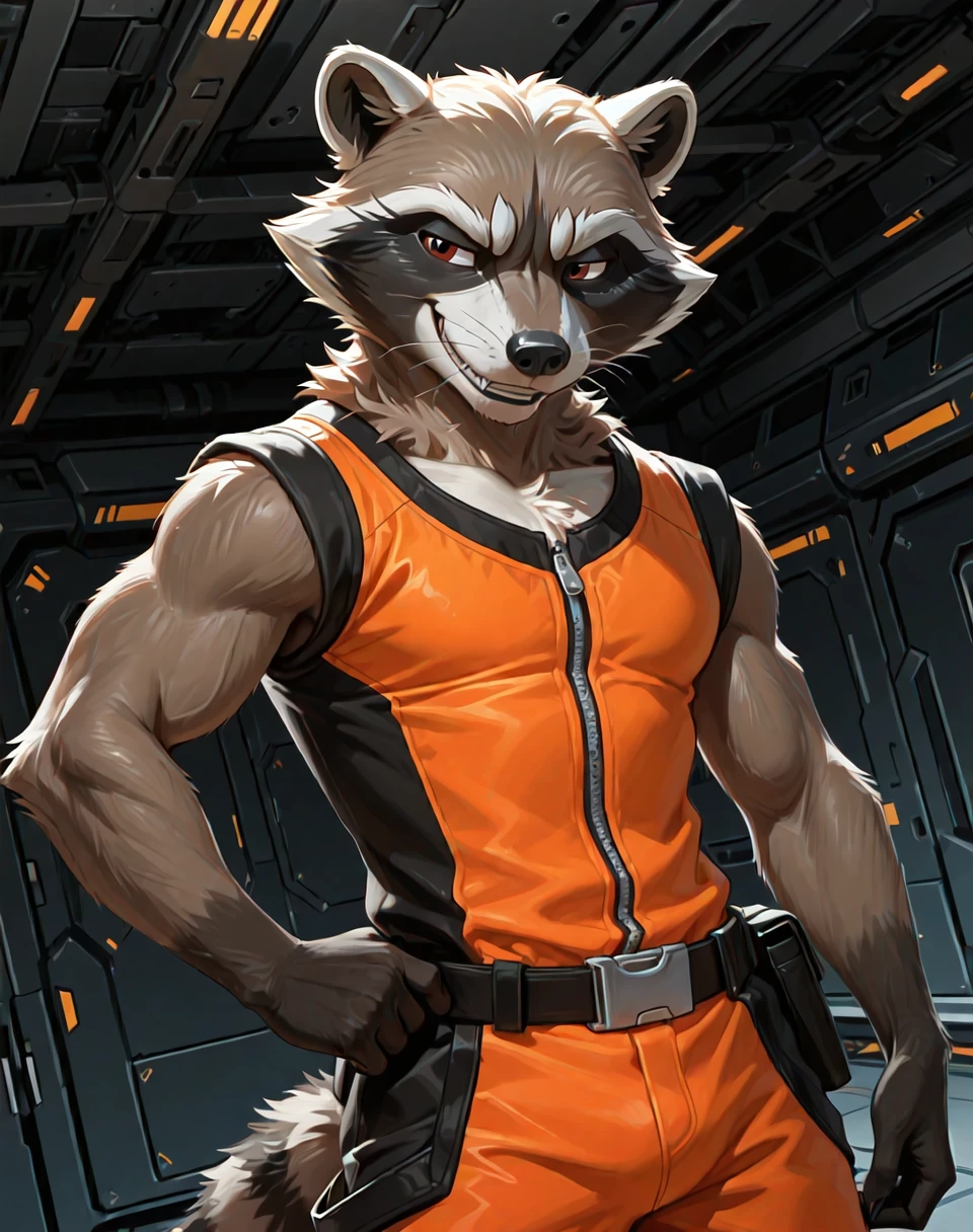 BREAK: very awe, aesthetically pleasing, masterpiece, best quality, absurd details, in'ei, natural shading, soft shading, flat color shading,
<lora:RocketRaccoonOrange_(Marvel_Comics)_(Illustrious)_(AD):1> RocketRaccoonOrange, muscular, orange,
exterior, spaceport, simple anime background, simple ceiling, dark background,
BREAK:
dutch angle, solo, ((dynamic action, dynamic expression, ):1.15), standing, cowboy shot, (( ):1.25),
((
no humans, male focus, soft glow, raccoon anthro, orange outfit, smirk, (( )),
male physique, strongman , perfect proportions,
)),
BREAK: lazypos (4),