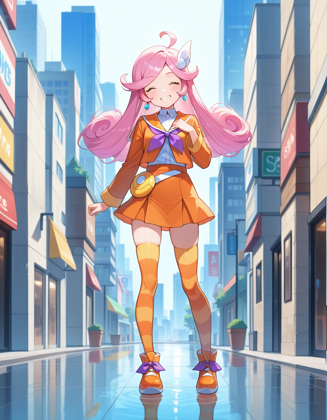 <lora:PRaffina_SDXL_Illustrious11_fp16_ver01:1>,PRaffina, 1girl,pink hair,ahoge,long hair,hair ornament,earrings,orange sailor collar, sailor jacket,purple bow,orange skirt, striped thighhighs, orange footwear, yellow bag, smile,closed eyes, cityscape,, masterpiece, best quality, very aesthetic, absurdres,<lora:detailed_hands:1>,hand