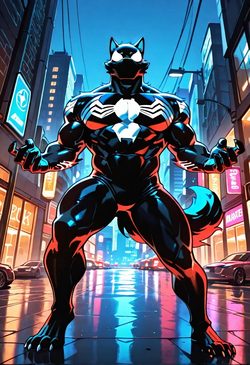 tasspidersymbIL/(marvel)/, symbiote, bodysuit, blacksuit, mask, spiderprint, whiteprint, muscular, 1boy, solo,
ArgoIL, solo, male, anthro, wolf, muscular, bara, claws, paws,
front view, superhero pose,
4k, best quality, highly detailed, lights details, high resolution, high quality, perfect quality
masterpiece, best quality, amazing quality, very aesthetic, highres, absurdres
night, city,
4k, best quality, highly detailed, lights details, high resolution, high quality, perfect quality, vivid color, vibrant, highly detailed,