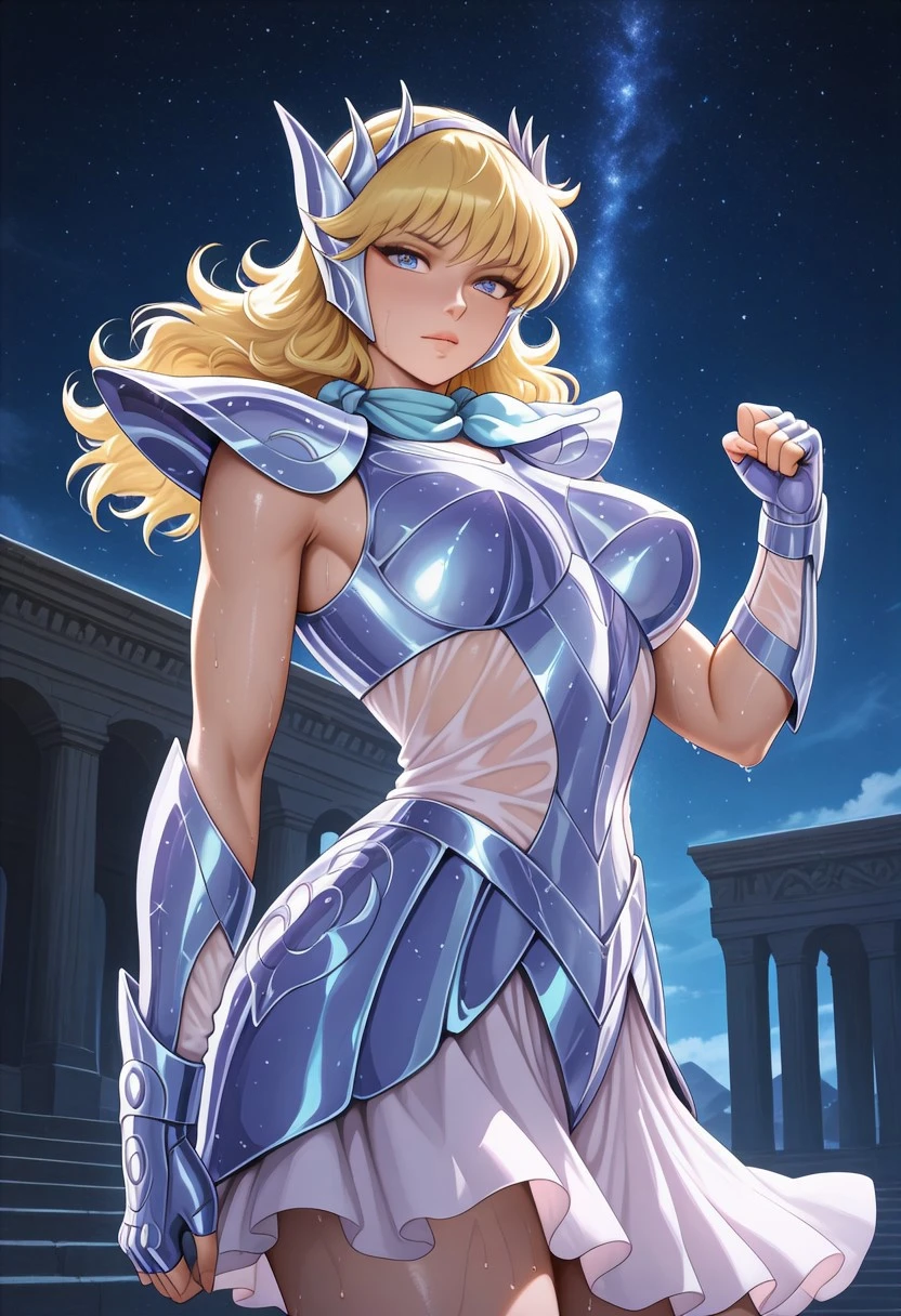 Solo,score_9, score_8_up, score_7_up, , best quality, masterpiece, full color, 1girl, long hair, blonde hair, , big breasts, armor, pauldrons, circlet, fingerless gloves, stern, sweaty, , blue eyes, , looking at viewer, in a Greek temple, starry sky, ethereal dolphin visible in the night sky, saint Seiya style ,sweaty, realistic, high quality, best quality, absurdres, joyful, fighting stance