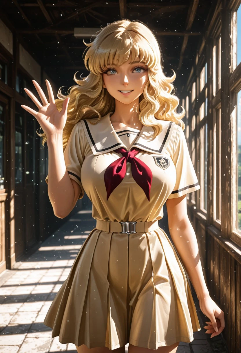 Solo,score_9, score_8_up, score_7_up, , best quality, masterpiece, full color, 1girl, long hair, blonde hair, , big breasts, dress, smile, school uniform, , , , blue eyes, , looking at viewer, in a school, sunny day, saint Seiya style ,, realistic, high quality, best quality, absurdres, joyful, waving, grin