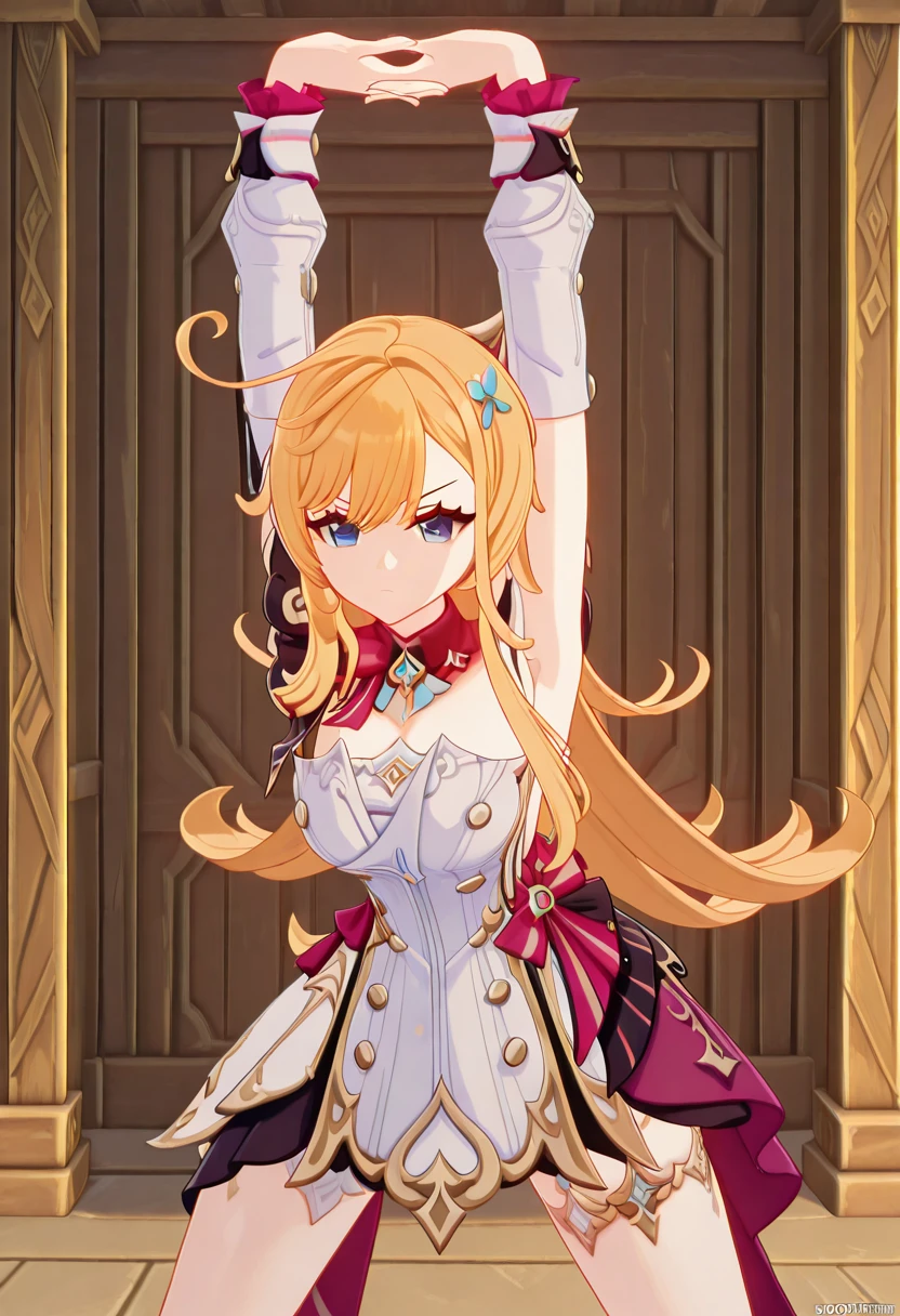 masterpiece, best quality, amazing quality,, <lora:genshin-escoffier-ingame-illustriousxl-lora-nochekaiser:1>, escoffier, escoffier (genshin impact), long hair, blue eyes, blonde hair, hair ornament, very long hair, ahoge, mature female, breasts, 3d, <lora:ten-gallon-wiener-illustriousxl-lora-nochekaiser:1>, ten gallon wiener, looking at viewer, standing, arms up, stretching, serious, legs apart, upper body, , , solo