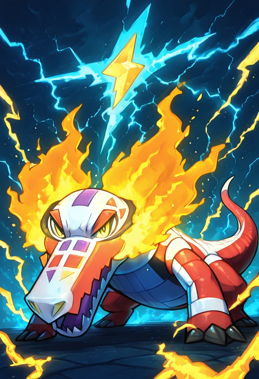 masterpiece, best quality, solo, no humans, zzSkeledirge,  <lora:SkeledirgePokedex_IXL:1.0>,,solo, foreshortening, bzzb4tt3ryCitron, lightning, <lora:BuzzBatteryIXL:1.0>,