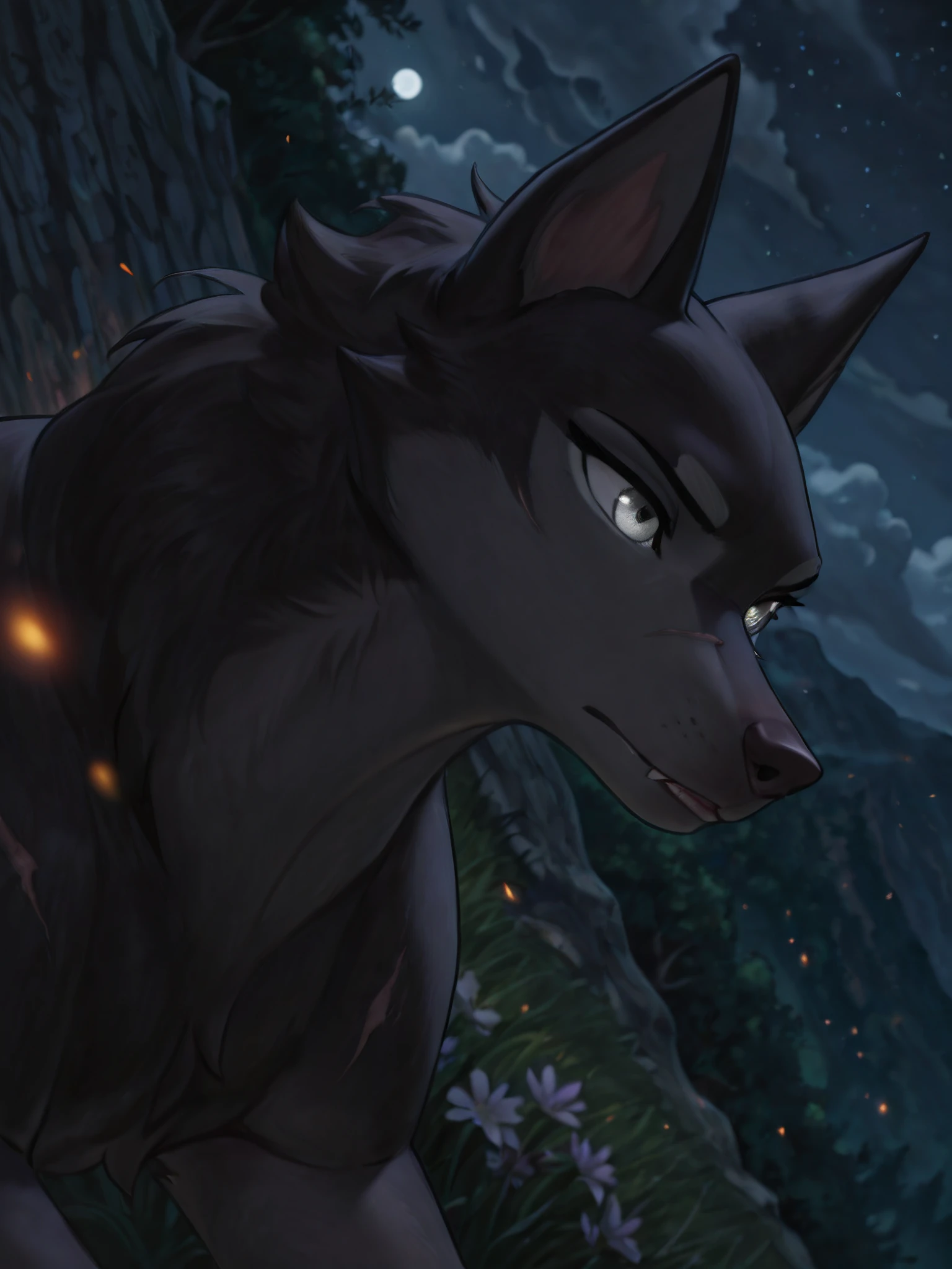 masterpiece, best quality, absurdres, ultra-detailed, 4k, high resolution, depth of field, volumetric lighting, dramatic shading, glowing embers
focus on character
solo, portrait, upper body, close-up, dutch angle,
female, adult, B4mi_Und3rdog, canid, canine, wolfdog, feral, furry, detailed fluffy fur, scar on muzzle, black fur, paws, claws, fangs, perfect eyes, silver eyes
focused, sideways, sitting, serious
BREAK
particles, wind, fireflies, night, flowers, fantastical, grass, nature, scenery, midnight, small moon, mountain, cliff, deciduous forest, clouds