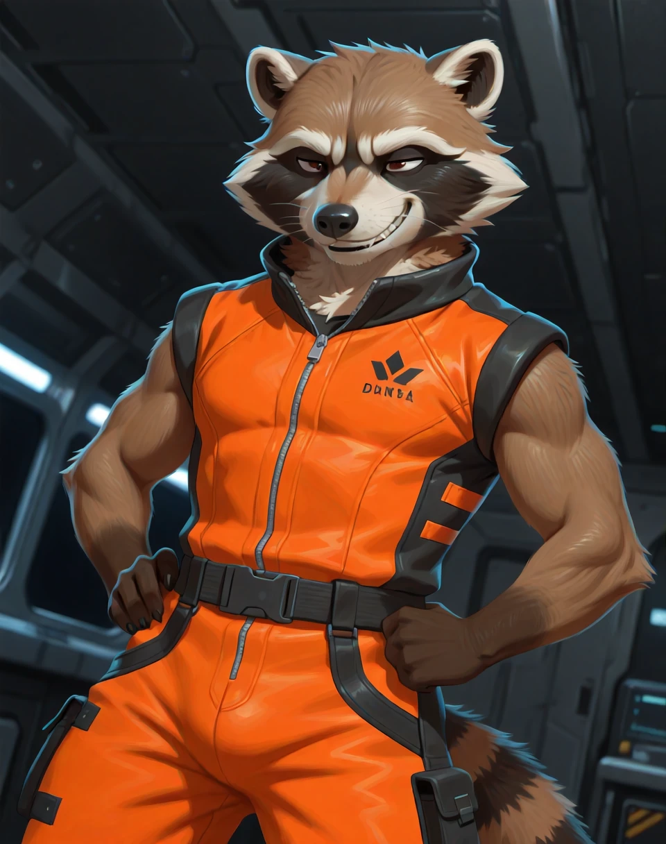 BREAK: very awe, aesthetically pleasing, masterpiece, best quality, absurd details, in'ei, natural shading, soft shading, flat color shading,
<lora:RocketRaccoonOrange_(Marvel_Comics)_(Illustrious)_(AD):1> RocketRaccoonOrange, muscular, orange,
exterior, spaceport, simple anime background, simple ceiling, dark background,
BREAK:
dutch angle, solo, ((dynamic action, dynamic expression, ):1.15), standing, cowboy shot, (( hands on hips, ):1.25),
((
no humans, male focus, soft glow, raccoon anthro, orange outfit, smirk, (( )),
sexy male physique, strongman hips, perfect proportions,
)),
BREAK: lazypos (4),