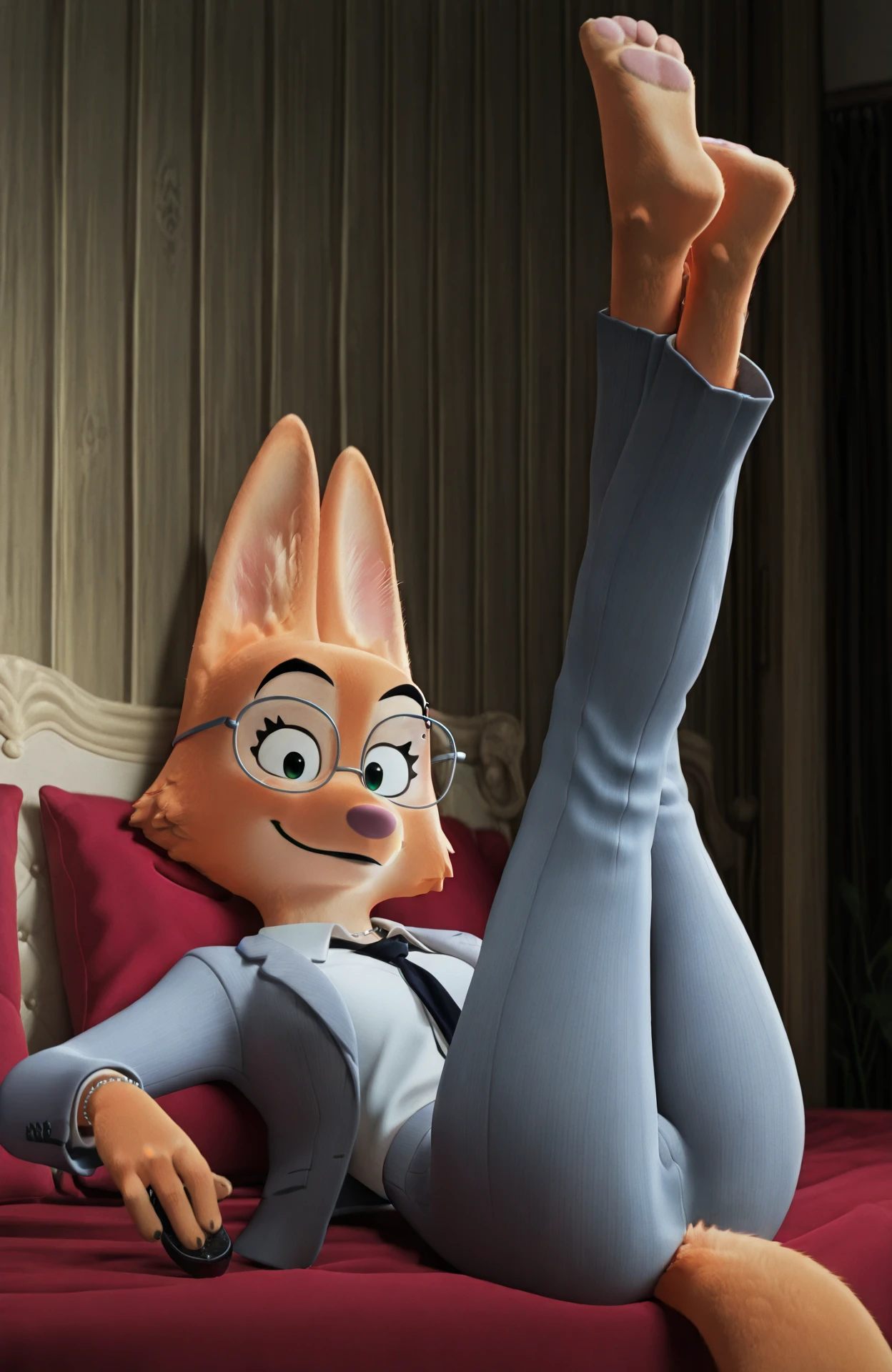 masterpiece, best quality, newest, absurdres, lazypos, solo, diane foxington,
Diane_F, fox tail, green eyes, orange fur, pink nose, eyebrow piercing, gray suit, tie, glasses, white shirt, necklace, gray pants laying on back, legs up, looking at viewer, white underpants, room, walls
<lora:Legs_up_pinup_pose_meme:1>
<lora:diane_foxington_ilv2:0.8>