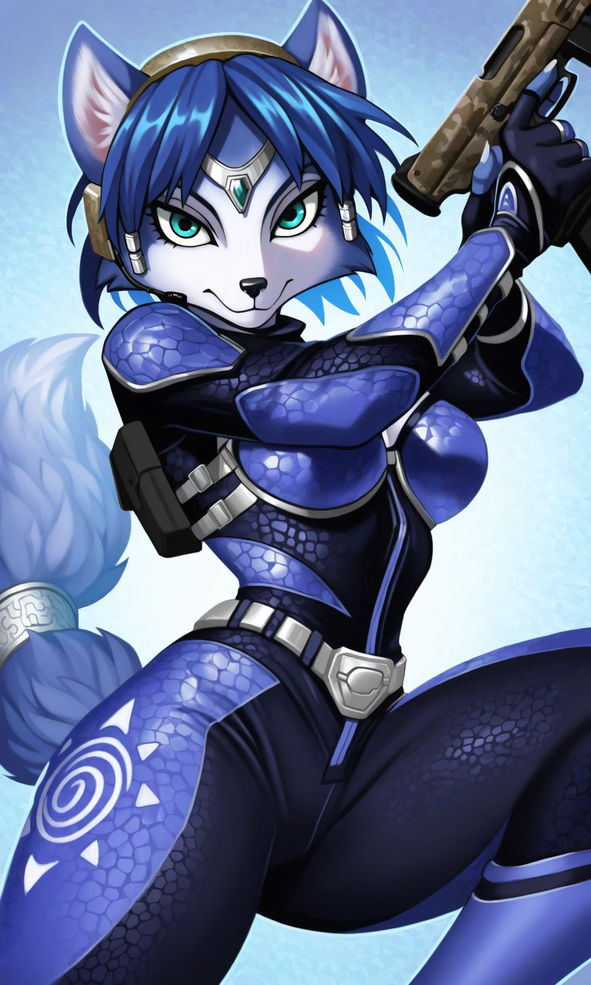 1girl, fox furry, High resolution, High quality, Ultra-detailed, , Beautyful patterns,,, dynamic pose, foreshortening, extreme perspective, ,stance, , patterns, bodysuit, boobs, tail ring, thicc thighs,stance, attacking ,cowboy shot , camo, tactical harness,tail ring, holding gun , helmet, blue fur, blue hair, Krystal, teal eyes, armor