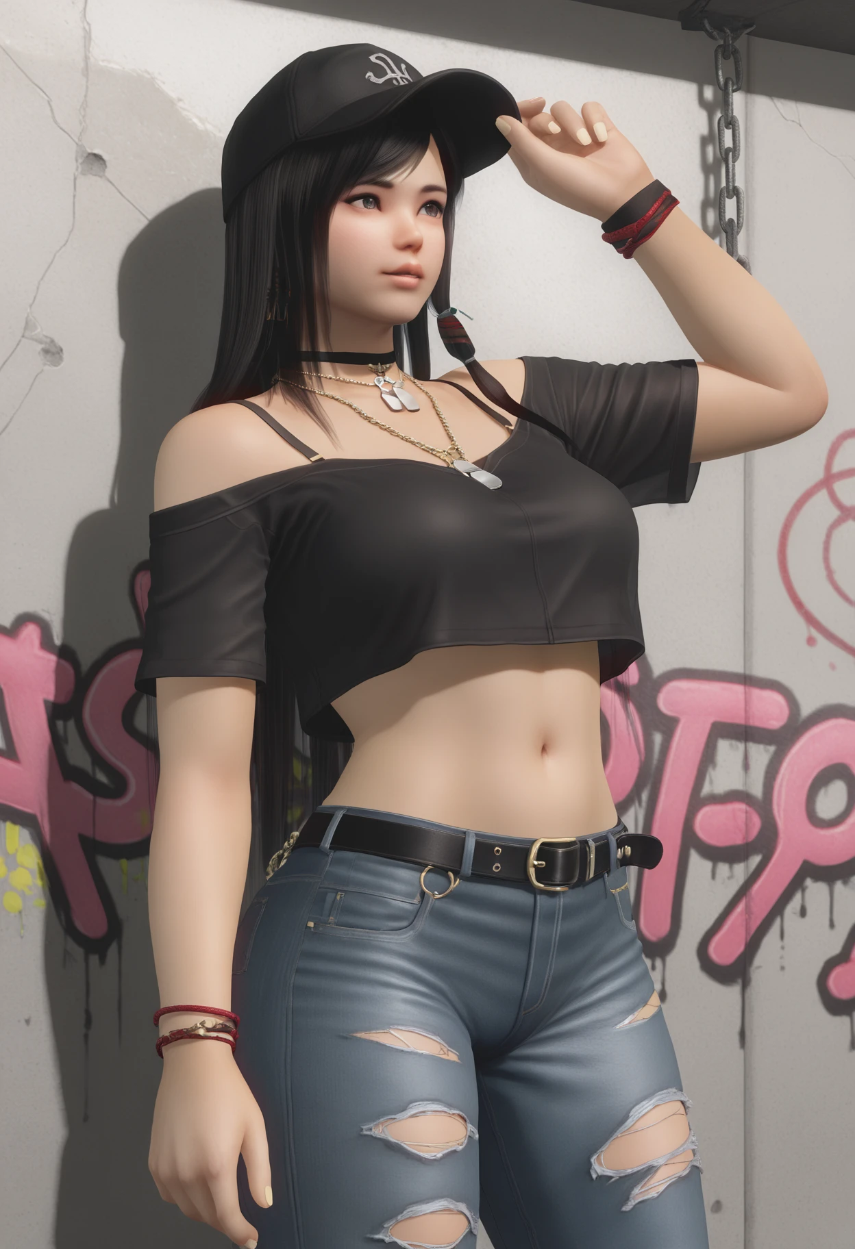 masterpiece,best quality,amazing quality,absurdres,aesthetic,newest, kokoro \(doaxvv\), grey eyes, pink lips, black hair, long hair, swept bangs, side-tied hair, brown hair tube, baseball cap,belt,black choker,black hat,black shirt,blue pants,bra strap,chain,choker,cowboy shot,crop top,crop top overhang,denim,dog tags,hand on headwear,hand on own hip,hand up,hat,jeans,long hair,midriff,navel,off shoulder,pants,shirt,short sleeves,solo,standing,stomach,torn clothes,torn pants,wristband,arm at side,bare shoulders,breast,black belt, graffiti wall, <lora:kokoro_longhair_MakeupSapone_il2_v10:0.9> <lora:kokoro_longhair_MakeupSapone_il2_v10:0.6>