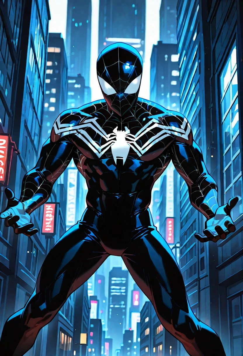 Spectacularsymb_spider/(marvel)IL, , blacksuit, mask, spiderprint, muscular, 1boy, solo, muscular,
front view, superhero pose,
masterpiece, best quality, amazing quality, very aesthetic, highres, absurdres
night, city,
4k, best quality, highly detailed, lights details, high resolution, high quality, perfect quality, vivid color, vibrant, highly detailed,