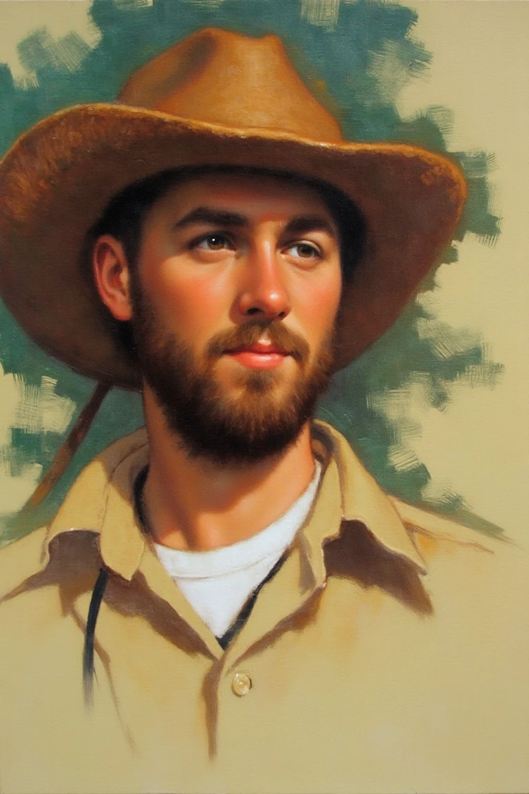In the style of Michael Dudash, the portrait depicts a young man in his late twenties or early thirties, his bearded face shaded beneath the tilt of a wide straw hat. He wears a plain white shirt, and his gaze drifts leftward with a gravity that suggests deep thought. The light beige background comes alive with scattered strokes of green and blue, their motion contrasting the stillness of his expression, shaping a work that balances realism with quiet, contemplative intensity.