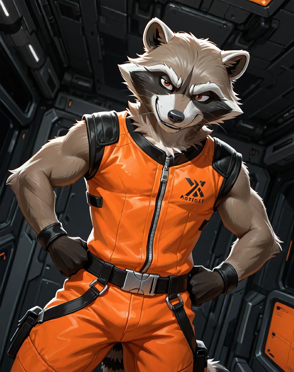 BREAK: very awe, aesthetically pleasing, masterpiece, best quality, absurd details, in'ei, natural shading, soft shading, flat color shading,
<lora:RocketRaccoonOrange_(Marvel_Comics)_(Illustrious)_(AD):1> RocketRaccoonOrange, muscular, orange,
exterior, spaceport, simple anime background, simple ceiling, dark background,
BREAK:
dutch angle, solo, ((dynamic action, dynamic expression, ):1.15), standing, cowboy shot, (( hands on , ):1.25),
((
no humans, male focus, soft glow, raccoon anthro, orange outfit, smirk, (( )),
male physique, strongman , perfect proportions,
)),
BREAK: lazypos (4),