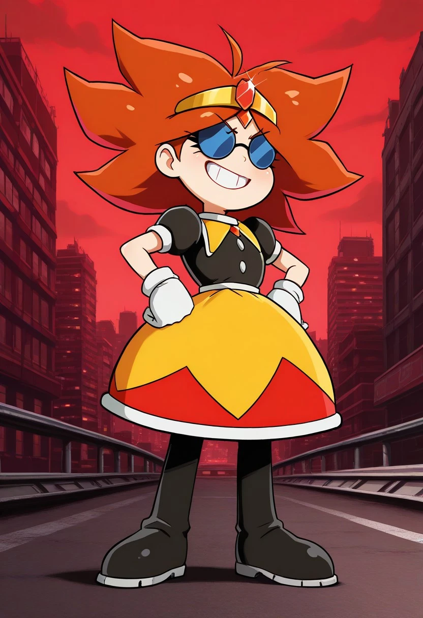 solo female, Eggette, spiky brown hair, dark blue tinted circular sunglasses, cute, yellow tiara with red gem, black shirt, white buttons, big yellow skirt with red at the end, white gloves, black boots, hands on hips, grin, red sky, industrial city, speed highway, pollution, (high quality, masterpiece, 4K UHD),