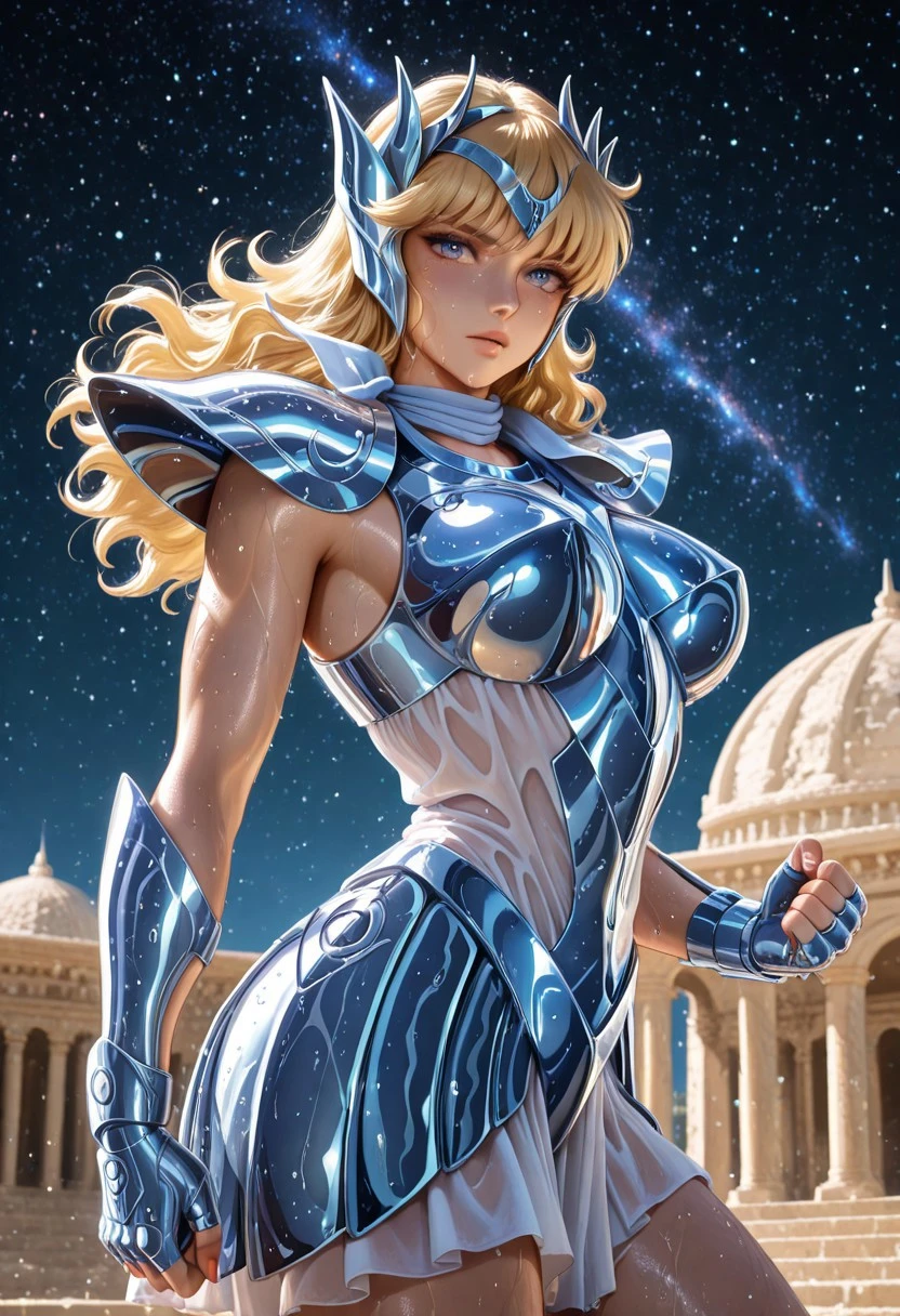 Solo,score_9, score_8_up, score_7_up, , best quality, masterpiece, full color, 1girl, long hair, blonde hair, , big breasts, armor, pauldrons, circlet, fingerless gloves, stern, sweaty, , blue eyes, , looking at viewer, in a Greek temple, starry sky, ethereal dolphin visible in the night sky, saint Seiya style ,sweaty, realistic, high quality, best quality, absurdres, joyful, fighting stance