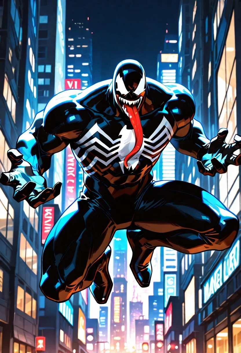 ultimatevenom/(marvel)/IL, , blacksuit, mouth, spiderprint, muscular, 1boy, solo, sharp teeth, monsterboy, long tongue,
front view, superhero pose, jumping,
masterpiece, best quality, amazing quality, very aesthetic, highres, absurdres
night, city,
4k, best quality, highly detailed, lights details, high resolution, high quality, perfect quality, vivid color, vibrant, highly detailed,