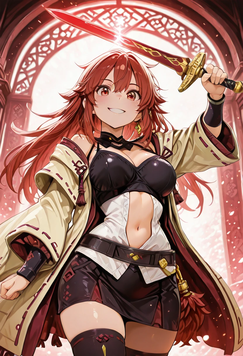 masterpiece, best quality, solo, curvy, beautiful eyes, narrow waist, wide hips, 1girl, solo, smile, looking at viewer, aged up, large breasts, zzHiita, red eyes, red hair, long hair, white shirt, open clothes, spaghetti strap, navel, thighhighs, wide sleeves, black skirt, belt, <lora:HiitaYugioh_IXL:1.0>, , solo, looking at viewer, C1tr0nSw0rd, glowing sword, cinematic lighting, rim light, detailed background, depth of field, volumetric lighting, <lora:EpicSwordStyle_IXL:1.0>,