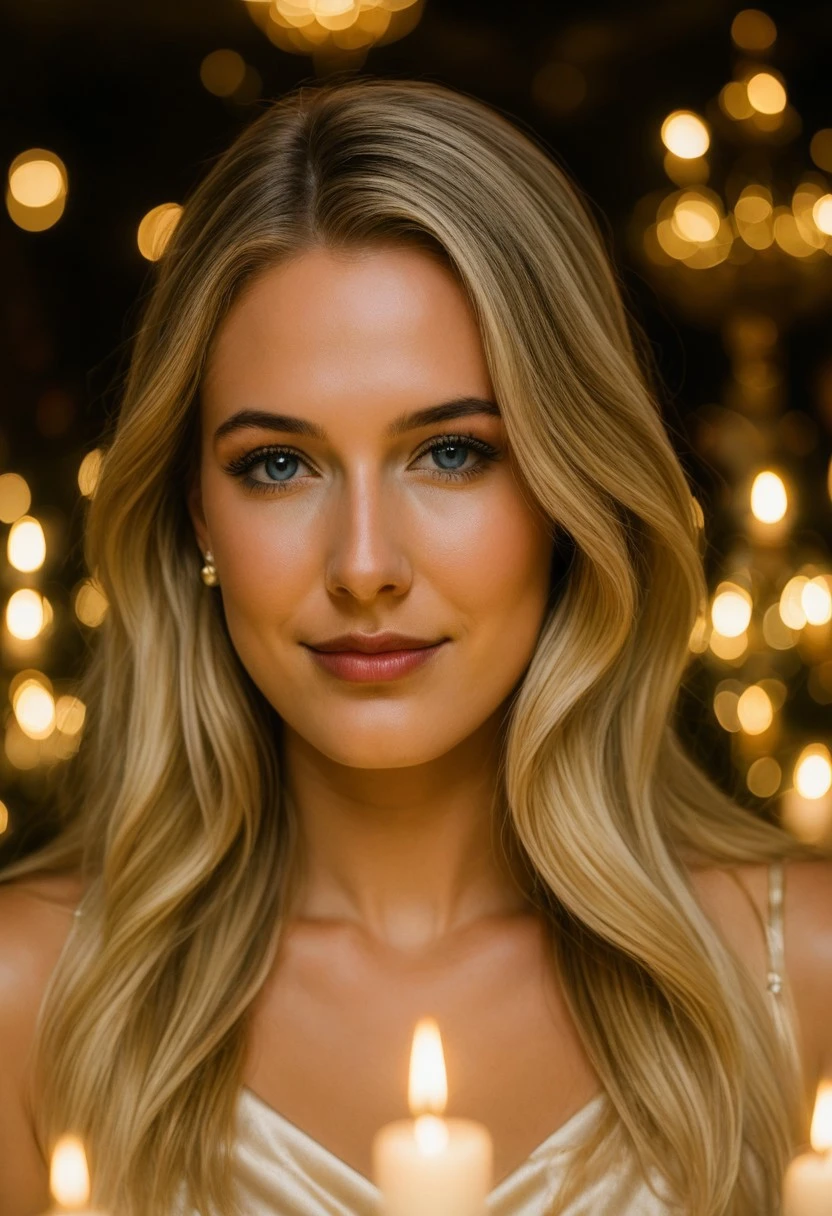 (masterpiece, ultra-detailed, photorealistic, 8k, cinematic low-light)   A glamorous close-up head shot of the blonde woman at an elegant evening event. Her hair is styled sleek and straight, framing her glowing skin. She wears subtle diamond earrings, her blue eyes catching reflections of golden candlelight. The expression is poised yet approachable, with a faint confident smile. The background bokeh of lights enhances her refined elegance. (evening atmosphere:1.2) (glamour portrait:1.3) (soft cinematic glow:1.3).