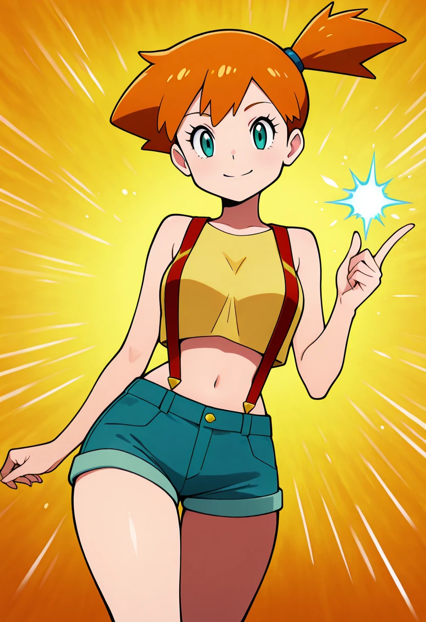 masterpiece, best quality, solo, curvy, beautiful eyes, narrow waist, wide hips, 1girl, solo, smile, looking at viewer, <lora:PokemonCardJungle_IXL:1.0>, holographic,BREAK, zzMisty, green eyes, orange hair, short hair, side ponytail, shorts, suspenders, midriff, yellow crop top, navel, denim shorts, <lora:MistyPokemonIXL:1.0>,