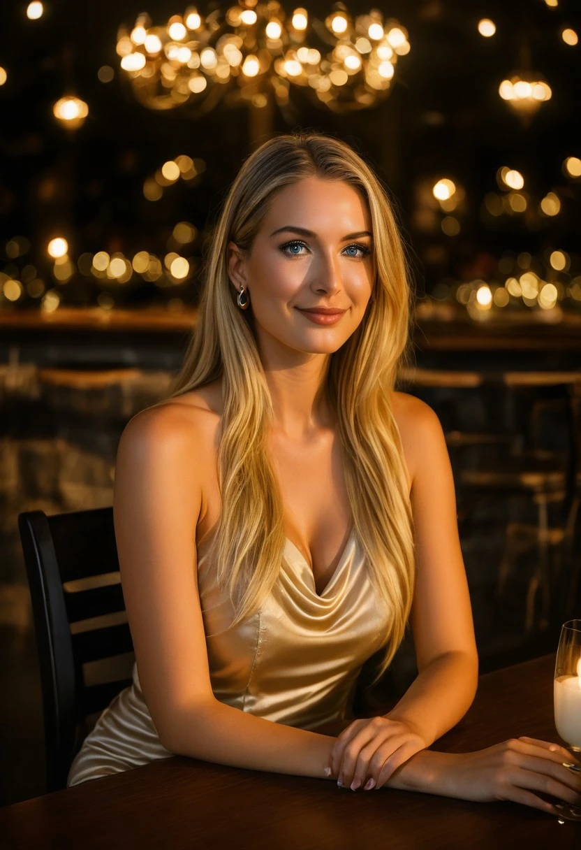 (masterpiece, ultra-detailed, photorealistic, 8k, cinematic lighting)   A stunning blonde woman with long silky hair and piercing blue eyes sits at a candlelit table in a fine restaurant. She wears a deep red satin evening gown, her bare shoulders glowing in the warm candlelight. A diamond earring glimmers softly, and her subtle smile radiates elegance and warmth. The background bokeh of golden lights adds romance, emphasizing her flawless skin and delicate features. (sharp focus on face:1.3) (cinematic atmosphere:1.2) (warm golden lighting:1.3).
