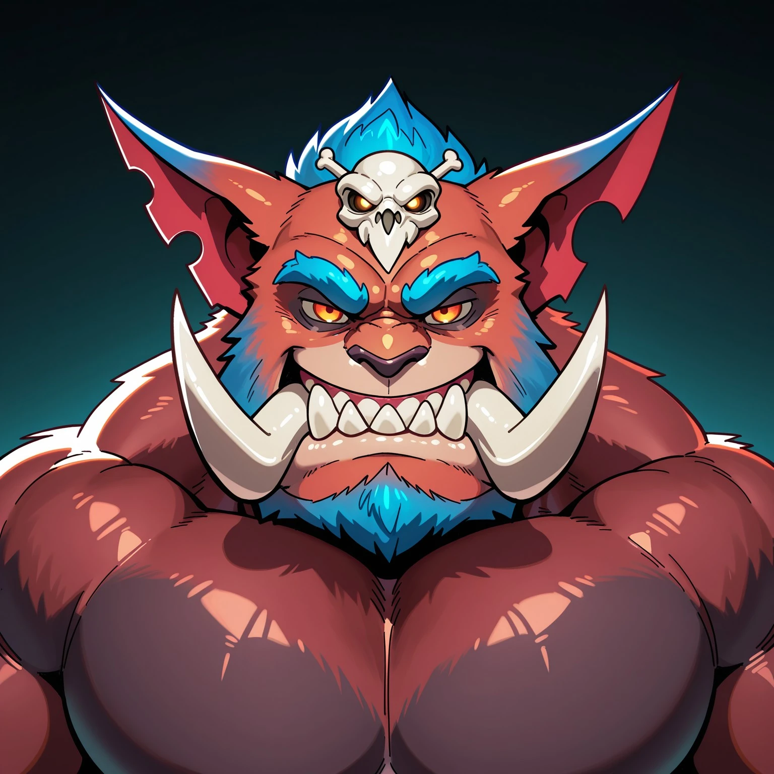 bust portrait, solo, male, muscular, big pecs, m3g4gn4r, monster, mouth closed, sharp teeth, amber eyes, skull, looking at viewer