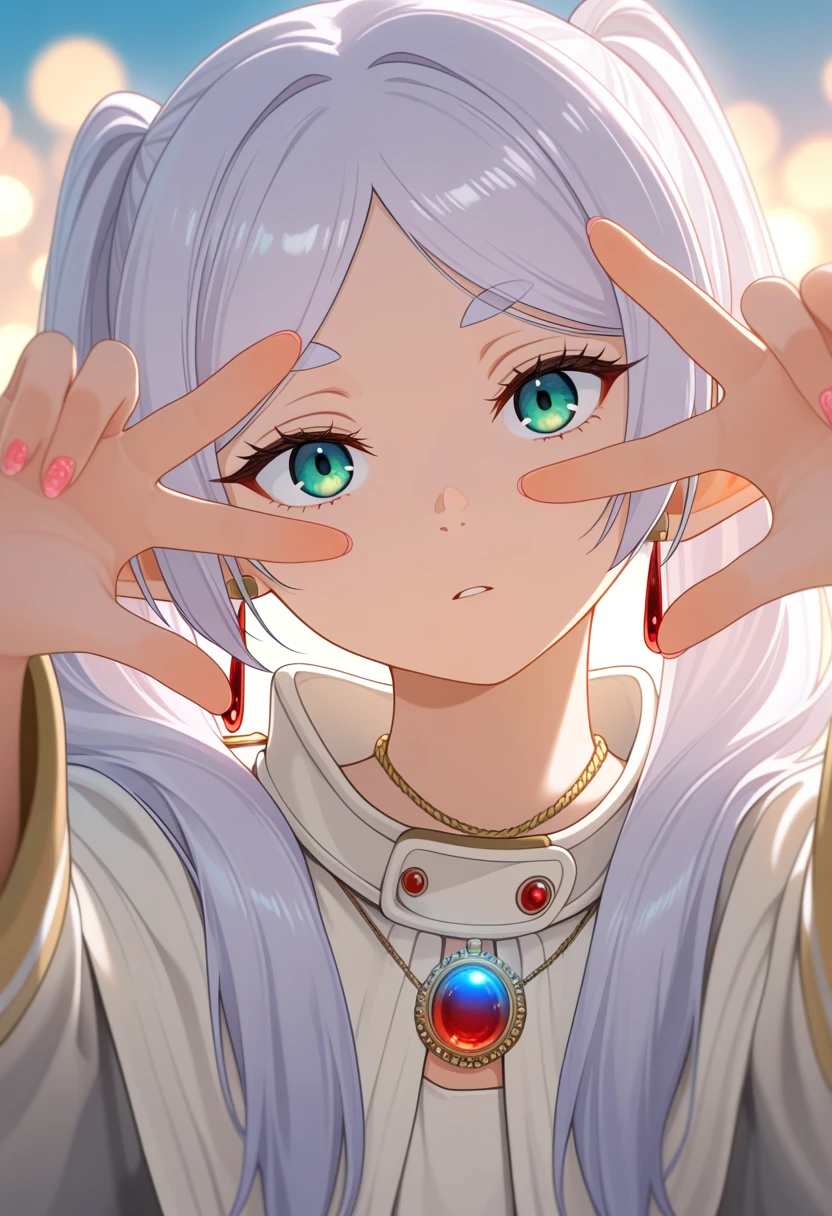 1girl, frieren, long-purplish-hair, gradient-iris-effects, ethereal_expression,2 hands up, melancholic_gaze, finger_frame , finger_frame_over_eye, head_tilt, nail_art_details, ornate_necklace, flowing_robe, volumetric_lighting, neon_glow, depth-sense, cinematic_bokeh, anime_coloring, absurdres, ultra_high_resolution, intricate_details, HDR_render, masterpiece, best_quality
