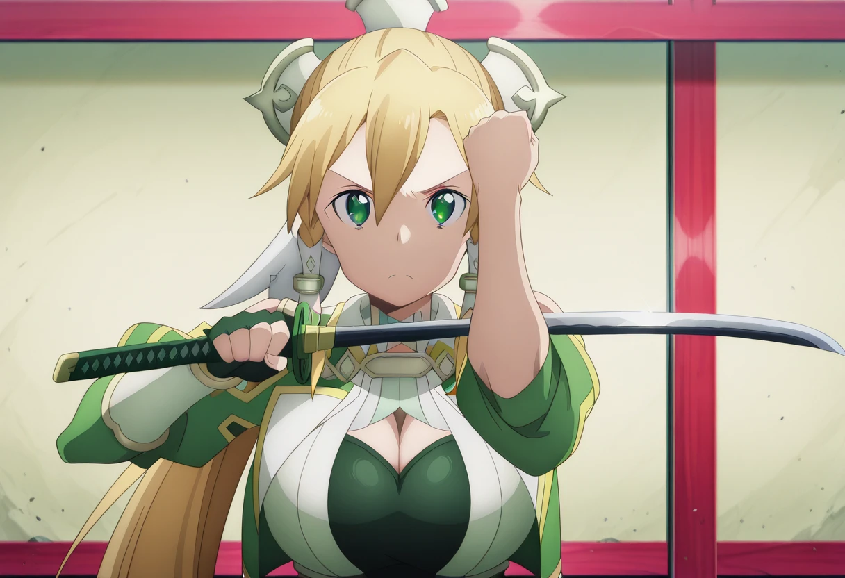 masterpiece, best quality, amazing quality,, <lora:suguha-kirigaya-s3-illustriousxl-lora-nochekaiser:1>, suguha kirigaya, leafa (sao), long hair, blonde hair, hair ornament, green eyes, ponytail, hair tubes, mature female, , anime screencap,, <lora:jin-sakai-sword-cleaning-illustriousxl-lora-nochekaiser:1>, jin sakai sword cleaning, solo, looking at viewer, holding, upper body, weapon, sword, holding weapon, holding sword, katana, arm up, hand up, straight-on, clenched fist,, , ,