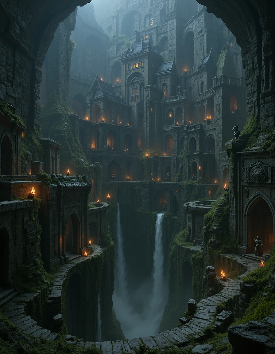 <lora:MW_Dwarven_p1flux:1> MWD01D, masterpiece, absurdres, 8k, insanely detailed, sharp focus, pitch black, very dark, dwarven city, in a huge dark underground carvern, old sinuous paths over foggy precipice, carved rocky walls, waterfalls, a few faint torches, above the shoulder view, worn dusty statue of an old dwarf warrior on the side, ancient carved dwarven architecture merged in the rocky cavern walls, dusty, lost forgotten ambiance, moss,