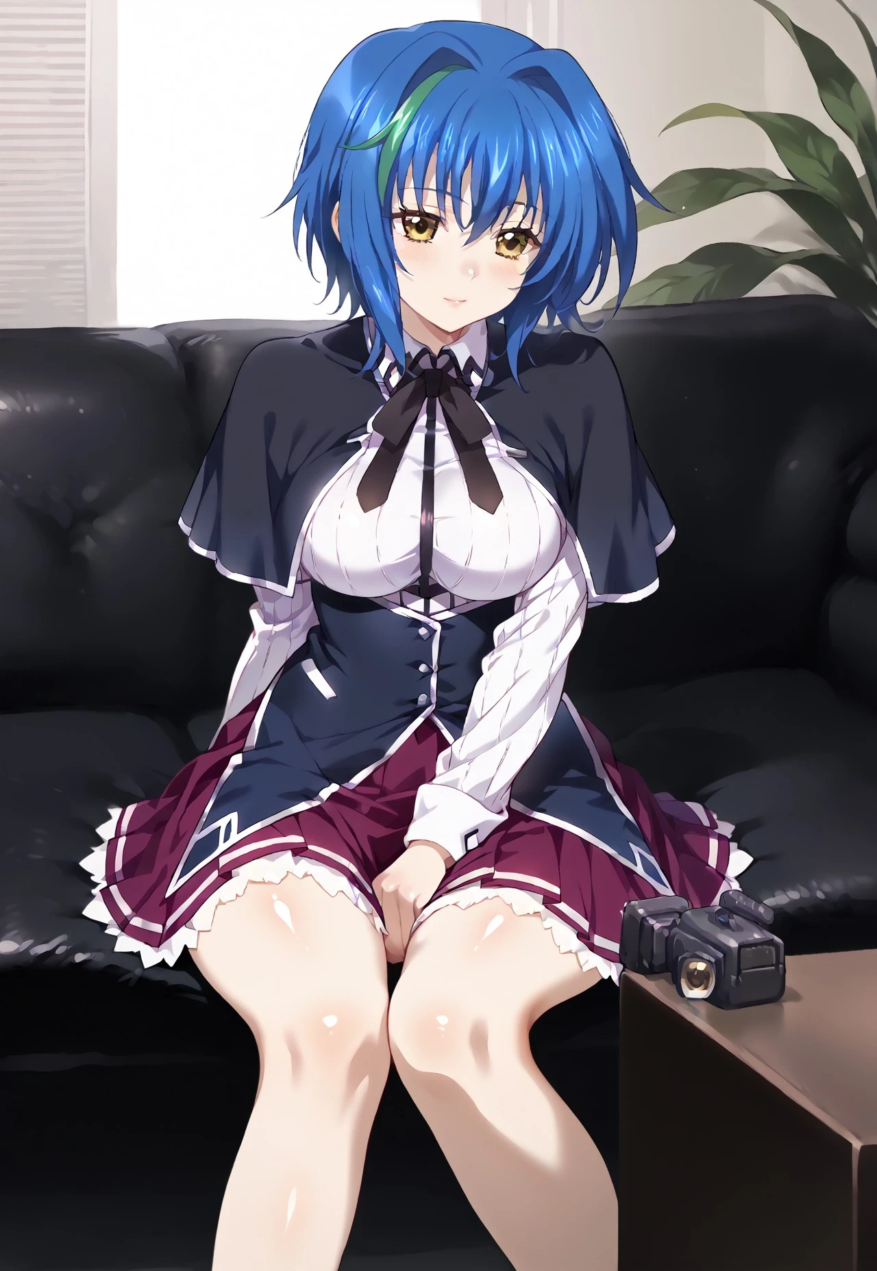 score_9, score_8_up, score_7_up,zPDXL3 ,Expressiveh, source_anime, masterpiece, very aesthetic, absurdres, sinfully stylish, dramatic lighting, soft light, long shadows, detailed, ultra-detailed, masterpiece, very aesthetic, absurdres, perfect quality, absolutely eye-catching, best quality, intricate details, high-res,anime,Haoni_Style, anime, 1girl, solo, yellow eyes, blue hair, green streaked hair, multicolored hair, short hair, casting couch, couch, sitting, kuohacademy, school uniform, black capelet, white shirt, black ribbon, neck ribbon, long sleeves, corset, red skirt, pleated skirt