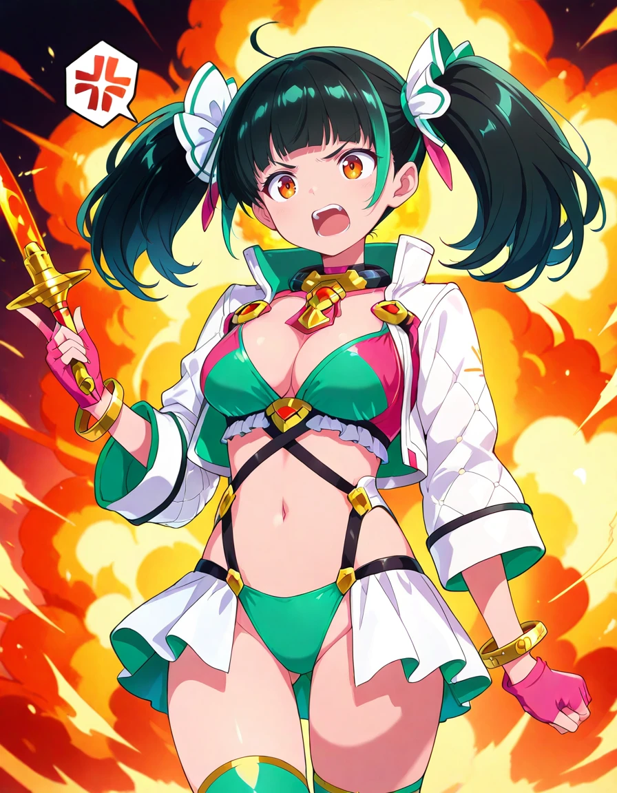 <lora:PadMenoa_SDXL_Illustrious01_fp16_ver03:0.8>,1girl,PadMenoa,1girl,multicolored hair,black hair, green streaked hair,orange eyes,blunt bangs,twintails, hair ornaments,white jacket,open jacket, fingerless pink gloves,bracelet,showgirl skirt,two-tone thighhighs, explosion, fire background,angry, open mouth,holding wand,spoken anger vein,, masterpiece, best quality, very aesthetic, absurdres,<lora:detailed_hands:1>,hand