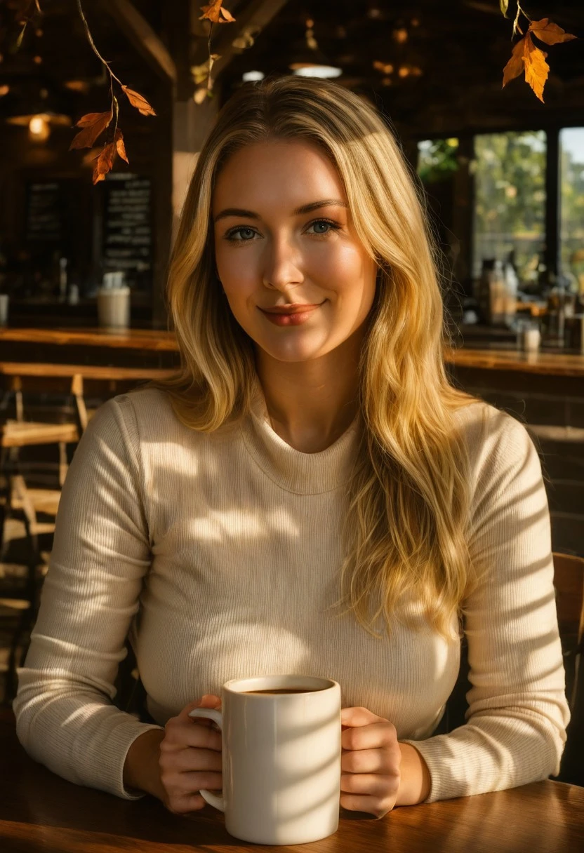 (masterpiece, ultra-detailed, photorealistic, 8k, natural soft lighting)   The same woman relaxes at a rustic wooden café, wearing a cream knit sweater. Her blonde hair falls softly across her shoulders as she sips from a warm mug of coffee. A soft smile graces her lips, and golden autumn leaves blur in the background. (cozy atmosphere:1.3) (soft golden tones:1.2) (intimate close-up:1.2).