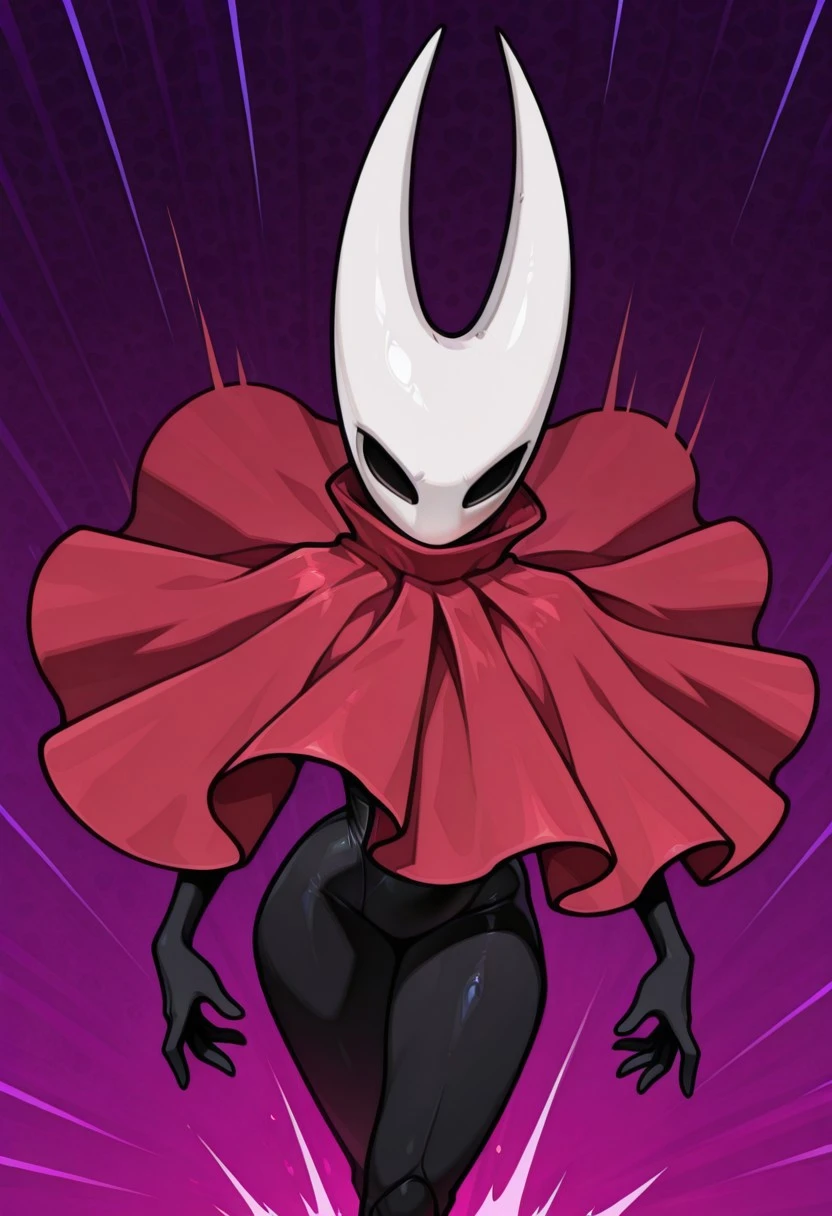 MFINMHF, black skin, hollow eyes, white face, masked face, long sharp horns, no mouth, red cloak, colored skin, insectoid, slender female, dynamic pose, jojo pose, 1girl, solo