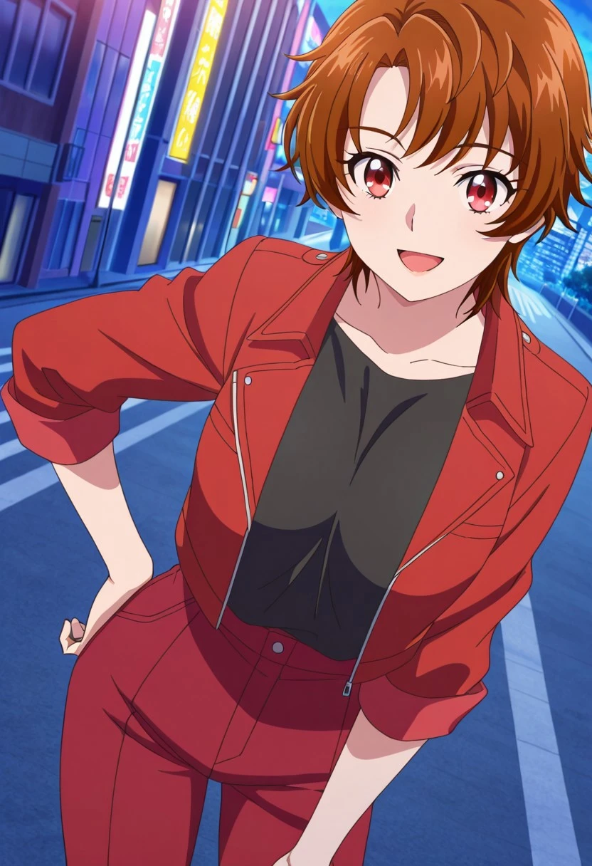 general,highres, ultra-detailed,very aesthetic,best quality ,best hands,best eyes,
dynamic angle, dutch angle, anime cloring,anime screencap,
1girl solo,looking at viewer,dynamic angle,smile, open mouth,city,outdoors, hand on hip,
Rin,brown_hair, short_hair, wavy hair, red eyes, , , Black shirt,red jacket, red pants,