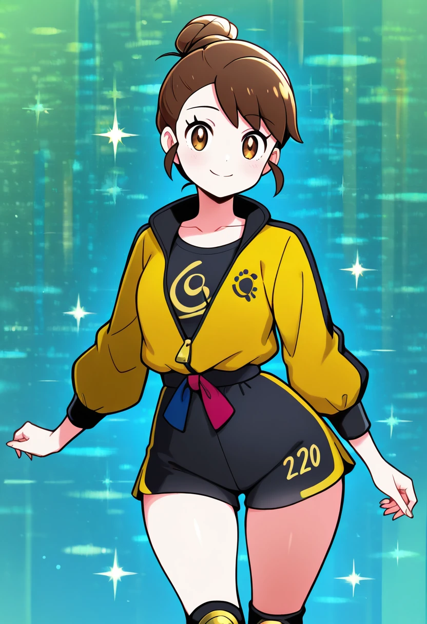 masterpiece, best quality, solo, curvy, beautiful eyes, narrow waist, wide hips, 1girl, solo, smile, looking at viewer, <lora:PokemonCardJungle_IXL:1.0>, holographic,BREAK, zzGloria, brown hair, brown eyes, gloriaDojo, yellow jacket, black shirt, black shorts, knee pads, short hair, single hair bun, collarbone, <lora:GloriaPokemonIXL:1.0>,