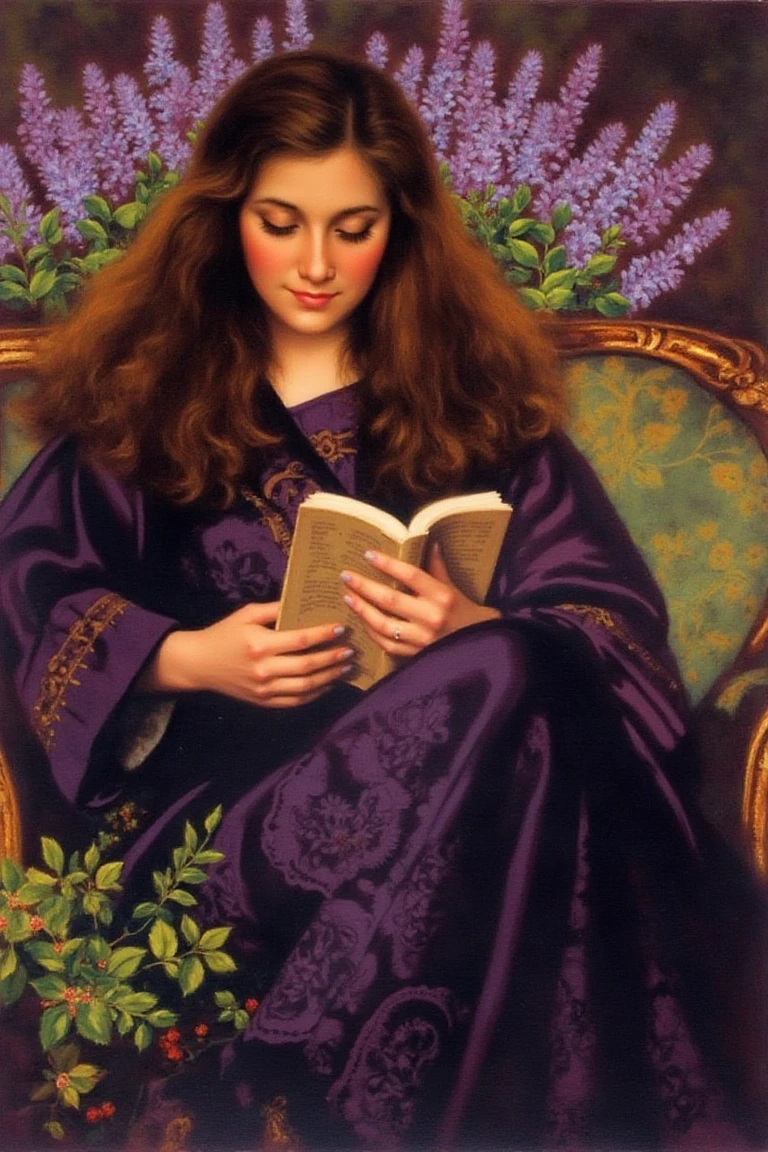 In the style of Michael Dudash, the painting shows a young woman seated on a couch, wearing a purple dress adorned with a floral pattern. Her long, curly hair cascades over her shoulders as she holds a small book in her hands, absorbed in its pages. Surrounding her, vibrant flowers and lush plants fill the background, adding energy and life to the scene. Painted realistically with loose, expressive brushstrokes and vivid colors, the composition conveys a calm and serene atmosphere.