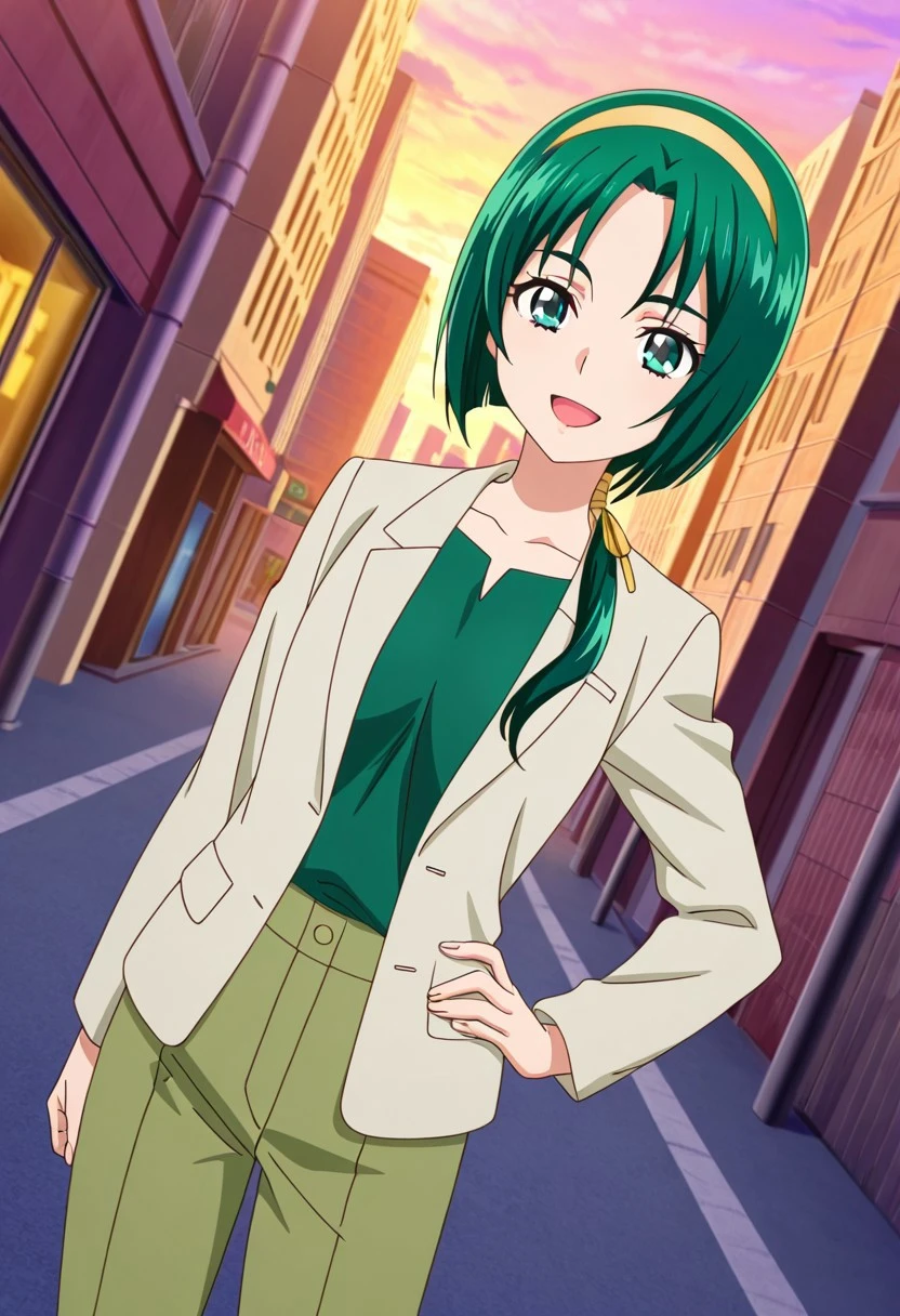 general,highres, ultra-detailed,very aesthetic,best quality ,best hands,best eyes,
dynamic angle, dutch angle, anime cloring,anime screencap,
1girl solo,looking at viewer,dynamic angle,smile, open mouth,city,outdoors, hand on hip, 
Komachi(adult),green_eyes, green hair, short_hair, low ponytail, hairband, yellow band, , , green shirt, grey jacket, long pants,