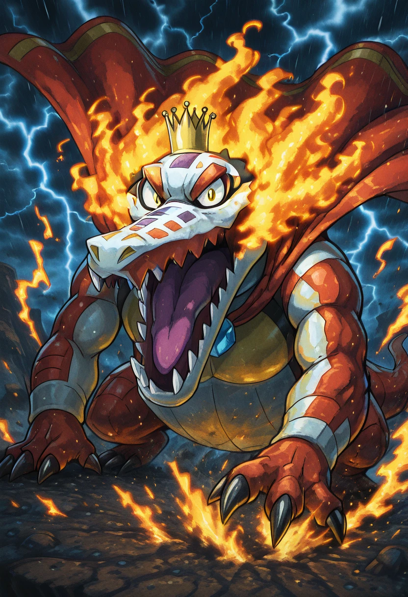 masterpiece, best quality, solo, zzSkeledirge, <lora:SkeledirgePokedex_IXL:1.0>, looking at viewer, gem, red cape, ,<lora:KingKRool_IXL_v1:0.8>, claws, yellow eyes, sharp teeth, roaring amidst a raging storm, lightning illuminating its massive frame, rain cascading down its powerful body, claws digging into rocky terrain, windswept waves crashing in the background