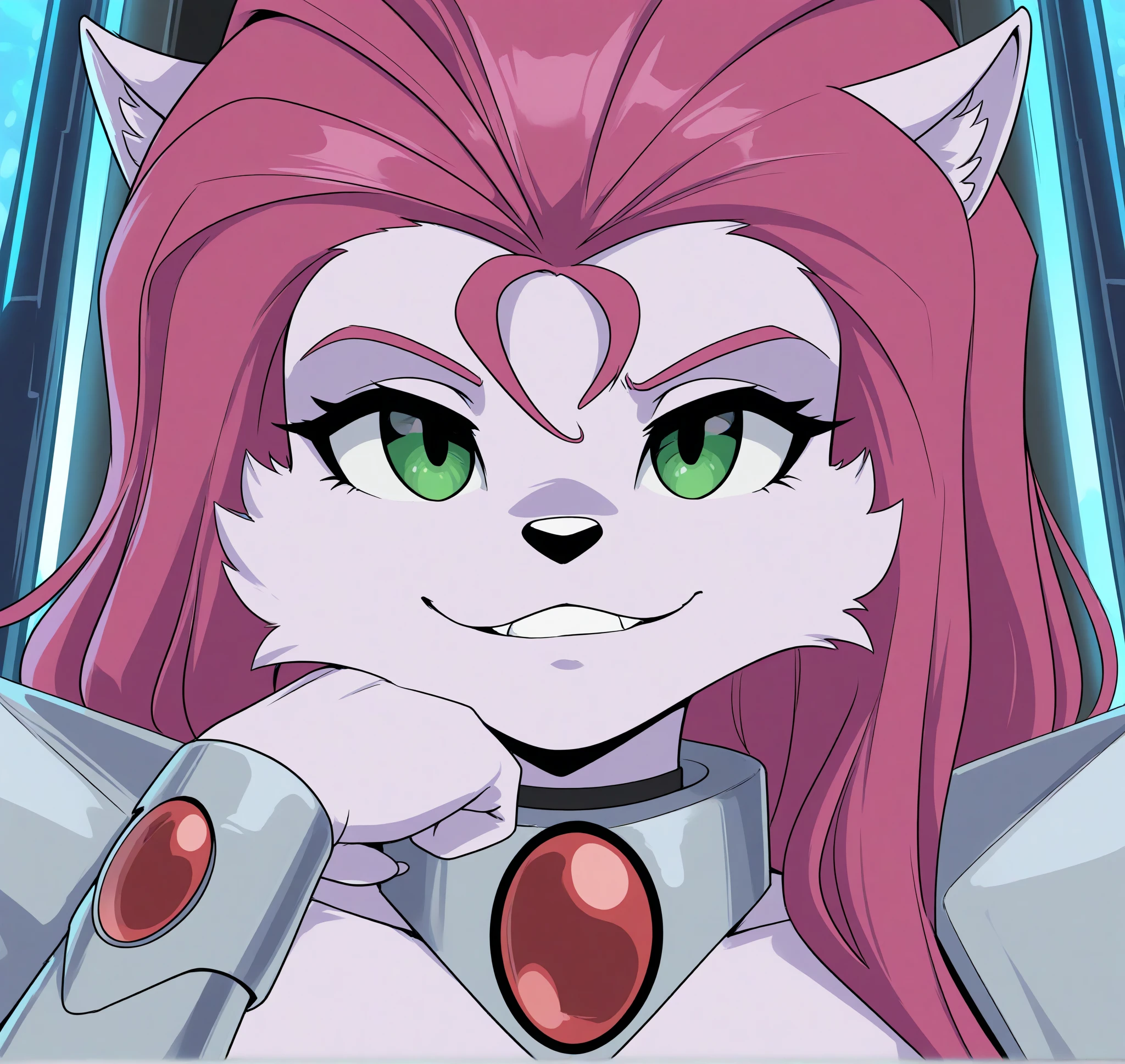 <lora:Yawg_Style_Illustrious:0.8> yawg, masterpiece, best quality, 2024, 2023, hi res, jenny \(bucky o'hare\), anthro, cat, green eyes, BREAK, at an ice hotel, clothed, clothing, detailed background BREAK sat on a throne, genital close-up, confident, upright posture, smirk, direct gaze, hands showing number three