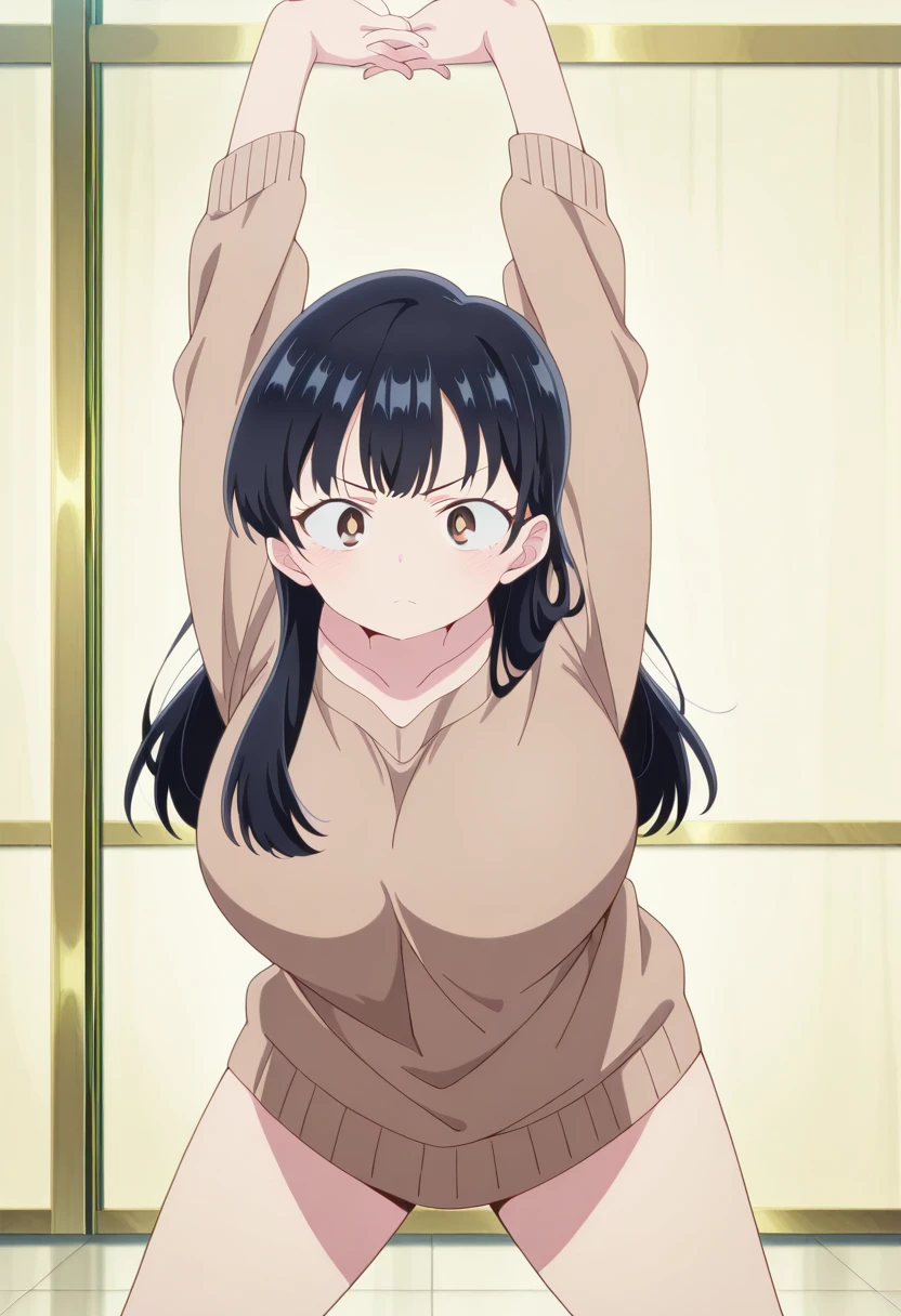 masterpiece, best quality, amazing quality,, <lora:anna-yamada-s2-illustriousxl-lora-nochekaiser:1>, anna yamada, long hair, bangs, black hair, brown eyes, mature female, , anime screencap, <lora:ten-gallon-wiener-illustriousxl-lora-nochekaiser:1>, ten gallon wiener, looking at viewer, standing, arms up, stretching, serious, , upper body, , , solo