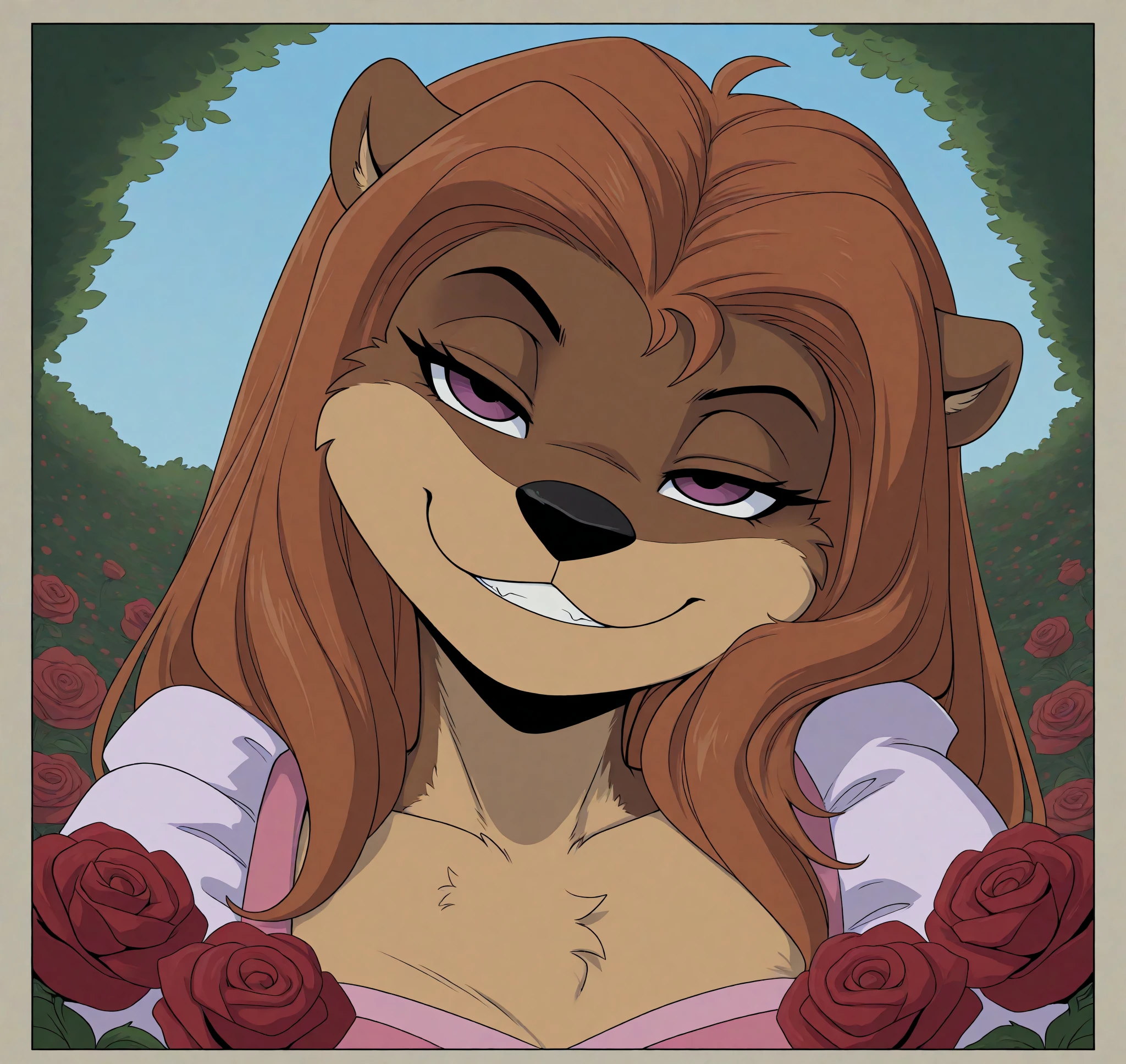 <lora:Yawg_Style_Illustrious:0.8> yawg, masterpiece, best quality, 2024, 2023, hi res, otter, mustelid, BREAK, in the land before time, clothed, clothing, detailed background BREAK in a rose garden, bust portrait, smug, confident grin, half-lidded eyes, head tilt, hands forming a circle