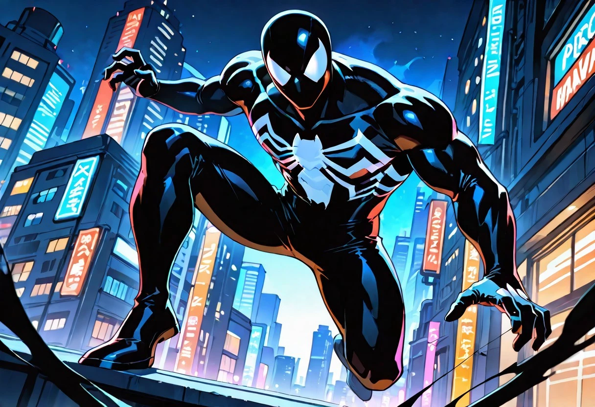 unlimitedsymb_spider/(marvel)IL. symbiote, mask, bodysuit, muscular, spiderprint, 1boy, solo, blacksuit,
front view, superhero pose, jumping,
masterpiece, best quality, amazing quality, very aesthetic, highres, absurdres
night, city,
4k, best quality, highly detailed, lights details, high resolution, high quality, perfect quality, vivid color, vibrant, highly detailed,