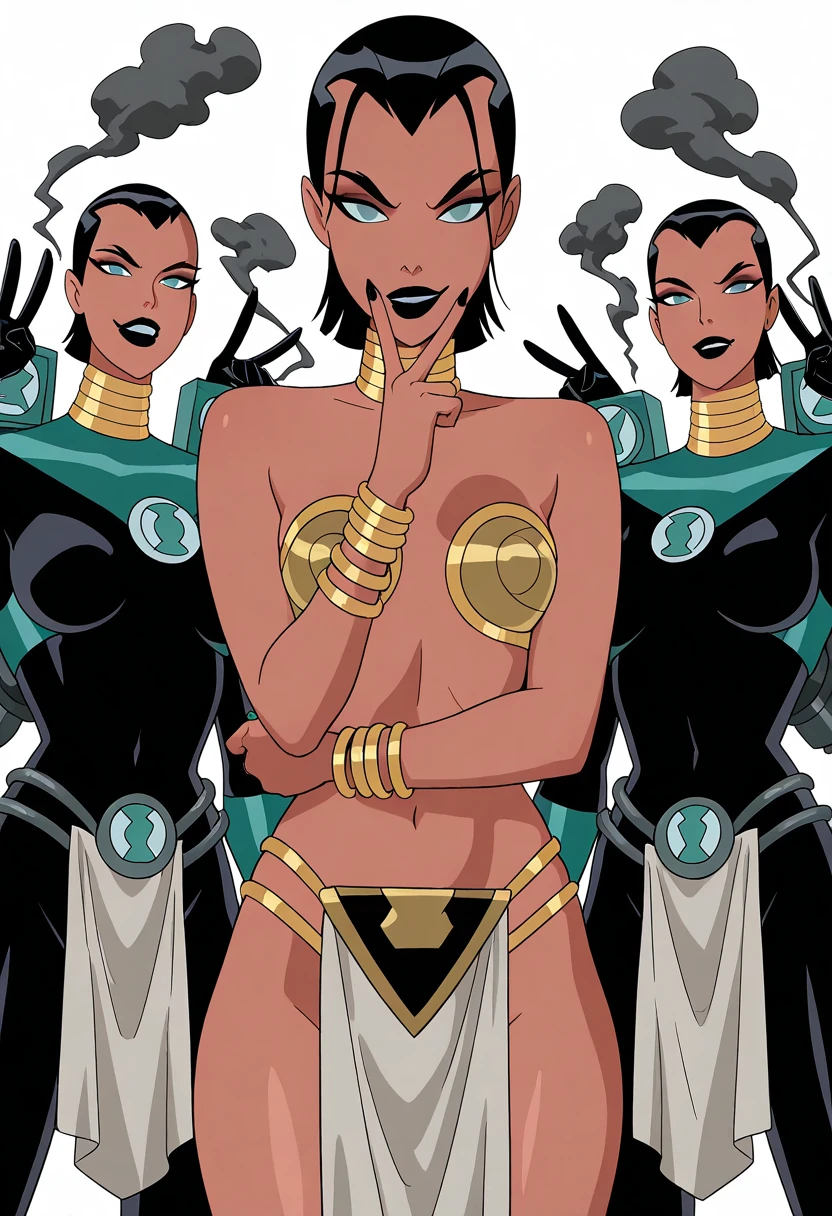 masterpiece, best quality, amazing quality,, <lora:katma-tui-cartoon-illustriousxl-lora-nochekaiser:1>, katma tui, short hair, black hair, dark skin, dark-skinned female, makeup, lipstick, black lips,, bare shoulders, jewelry,bracelet, pelvic curtain, neck ring, loincloth,, v, v over mouth, smug,, power plant, machinery, smoke, energy, workers, cowboy shot, solo, looking at viewer, <lora:transparent-background-illustriousxl-lora-nochekaiser:1>, transparent background, simple background, white background