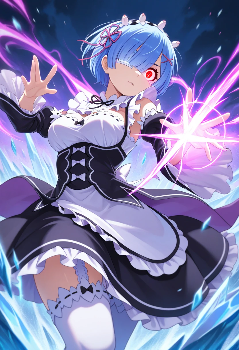 1girl, rem_\(re:zero\), silver-blue_hair, cyclops_eye, eyepatch_detail, demon_horns, ice_magic_glow, frilled_maiden_dress, thigh_high_stockings, dynamic_battle_stance, shattered_ice_particles, cinematic_bokeh_background, grassy_battlefield, magical_energy_clash, frost_sparks, intense_gaze, sharp_pupils, glowing_aura, volumetric_lighting, anime_coloring, absurdres, ultra_high_resolution, intricate_details, HDR_render, masterpiece, best_quality