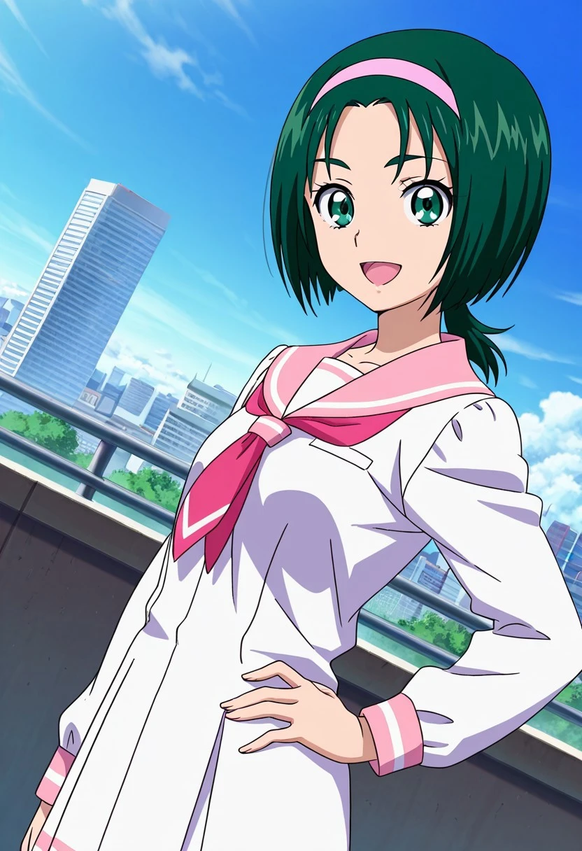 general,highres, ultra-detailed,very aesthetic,best quality ,best hands,best eyes,
dynamic angle, dutch angle, anime cloring,anime screencap,
1girl solo,looking at viewer,dynamic angle,smile, open mouth,city,outdoors, hand on hip,
Komachi,dark green hair, short_hair, low ponytail, hairband, pink band, green eyes, , , serafuku,
