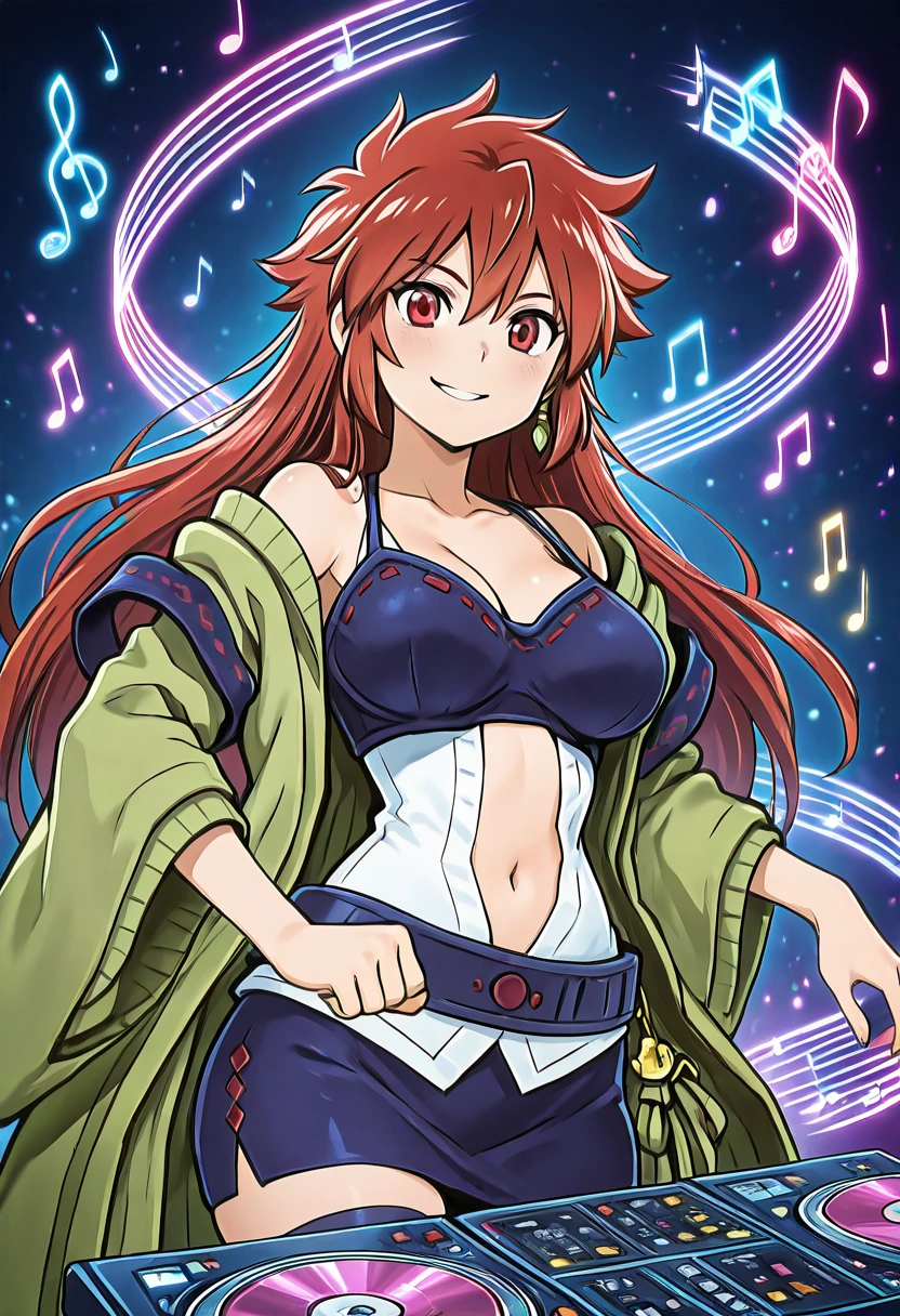 masterpiece, best quality, solo, curvy, beautiful eyes, narrow waist, wide hips, 1girl, solo, smile, looking at viewer, aged up, large breasts,  zzHiita, red eyes, red hair, long hair,  white shirt, open clothes, spaghetti strap, navel, thighhighs, wide sleeves, black skirt, belt,  <lora:HiitaYugioh_IXL:1.0>,  , solo, looking at viewer, smile, AdFF, turntable, blue theme, (music notes, upper body), <lora:AudioFileFuture_IXL_v1:1.0>