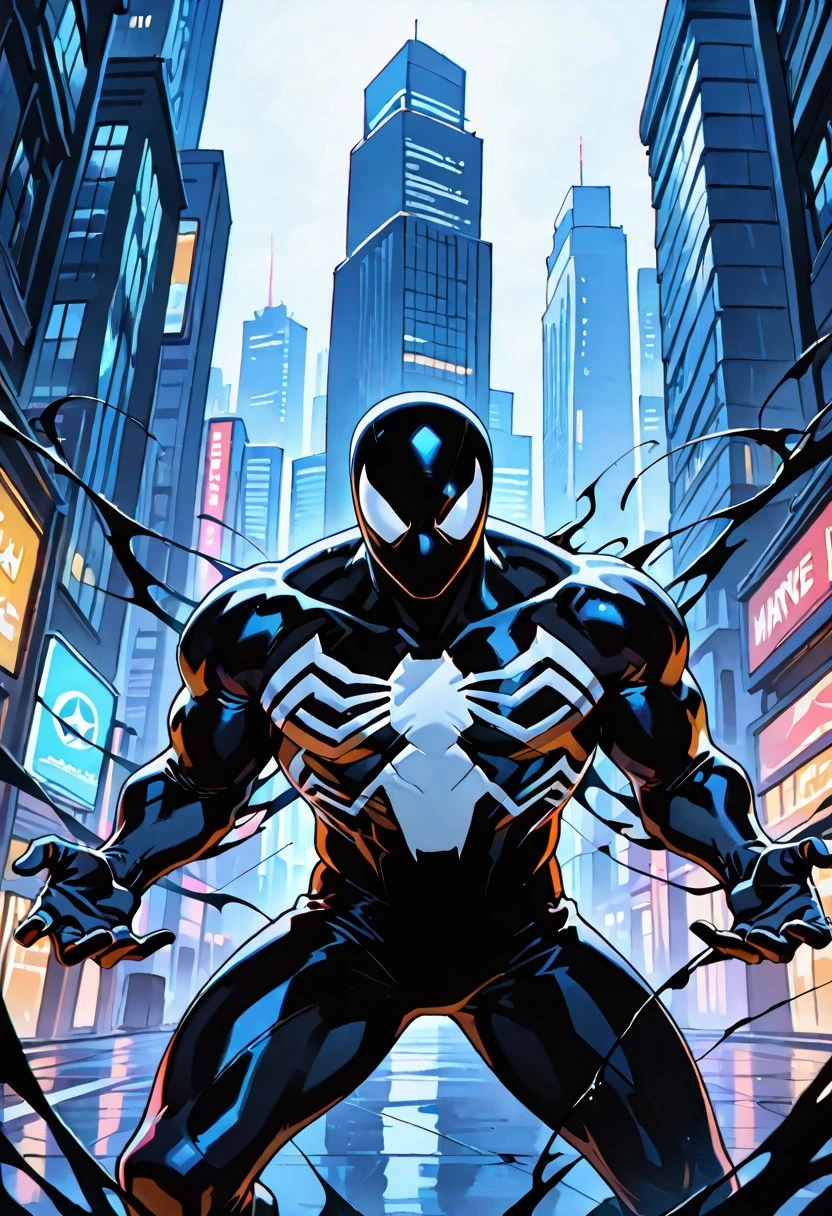 unlimitedsymb_spider/(marvel)IL. symbiote, mask, bodysuit, muscular, spiderprint, 1boy, solo, blacksuit,
front view, superhero pose,
masterpiece, best quality, amazing quality, very aesthetic, highres, absurdres
night, city,
4k, best quality, highly detailed, lights details, high resolution, high quality, perfect quality, vivid color, vibrant, highly detailed,