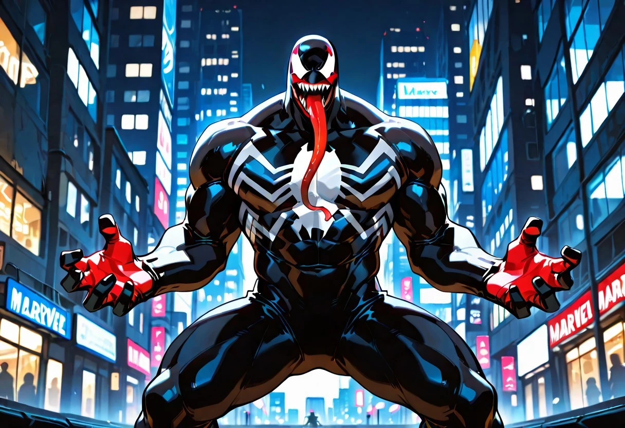 ultimatevenom/(marvel)/IL, , blacksuit, mouth, spiderprint, muscular, 1boy, solo, sharp teeth, monsterboy, long tongue,
front view, superhero pose,
masterpiece, best quality, amazing quality, very aesthetic, highres, absurdres
night, city,
4k, best quality, highly detailed, lights details, high resolution, high quality, perfect quality, vivid color, vibrant, highly detailed,